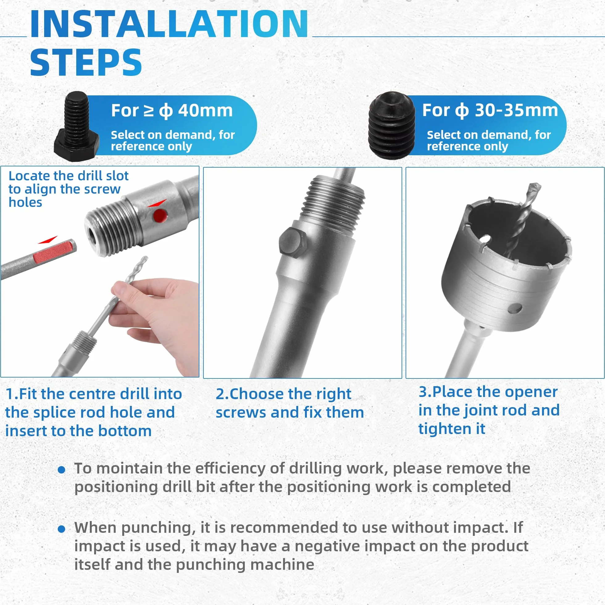Otwornica do Betonu Wiertło Wiertnicze do Muru Wiertło Rdzeniowe Koronka 30 mm 40 mm 50 mm z Wiertłem Centrującym i Adapter Przedłużający SDS-Plus 350 mm do Płyt Gipsowo-Kartonowych Cegła Kamień