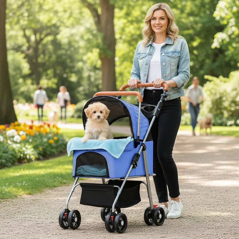 Simcat Wózek dla Zwierząt dla Małych Psów i Kotów, Składany Wózek dla Średnich Psów z 360° Opornymi na Zużycie Kołami z Gumy, Transporter dla Psów (Niebieski)
