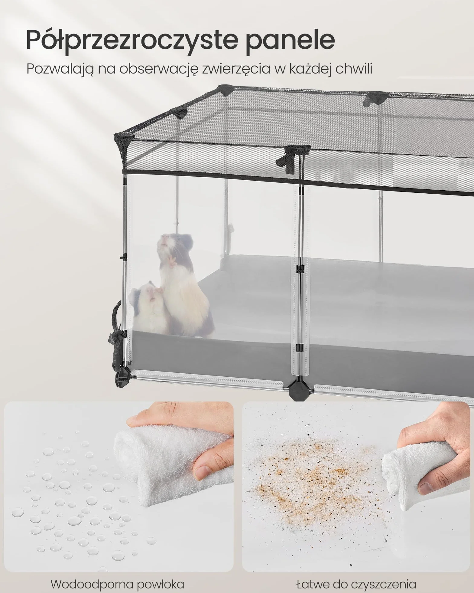 SONGMICS Ogrodzenie dla małych zwierząt, półprzezroczyste panele, oddychająca tkanina, wodoodporna mata, dla królika, jeża, świnki morskiej, fretki, 144 x 74 x 47 cm, biała chmura LPC015W01