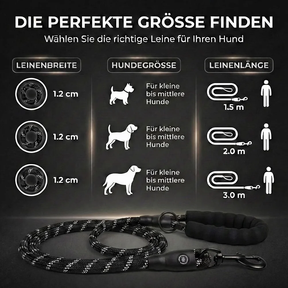 HUND IST KÖNIG Smycz dla psa, na spacery i treningu, z miękkim uchwytem i elementami odblaskowymi, idealna smycz do noszenia na co dzień dla psów o wadze 10-25 kg (True Black, 3,0 x 1,2 cm)