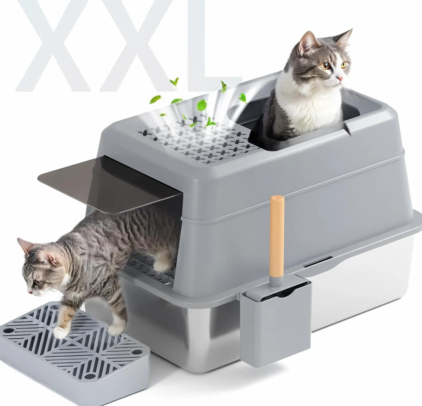 FRETONBA Kuweta dla kota ze stali nierdzewnej XXL, toaleta dla kota o dużej pojemności 26 l, łatwa do czyszczenia, kuweta dla kota z pokrywką, pedałem, szufelką, szary