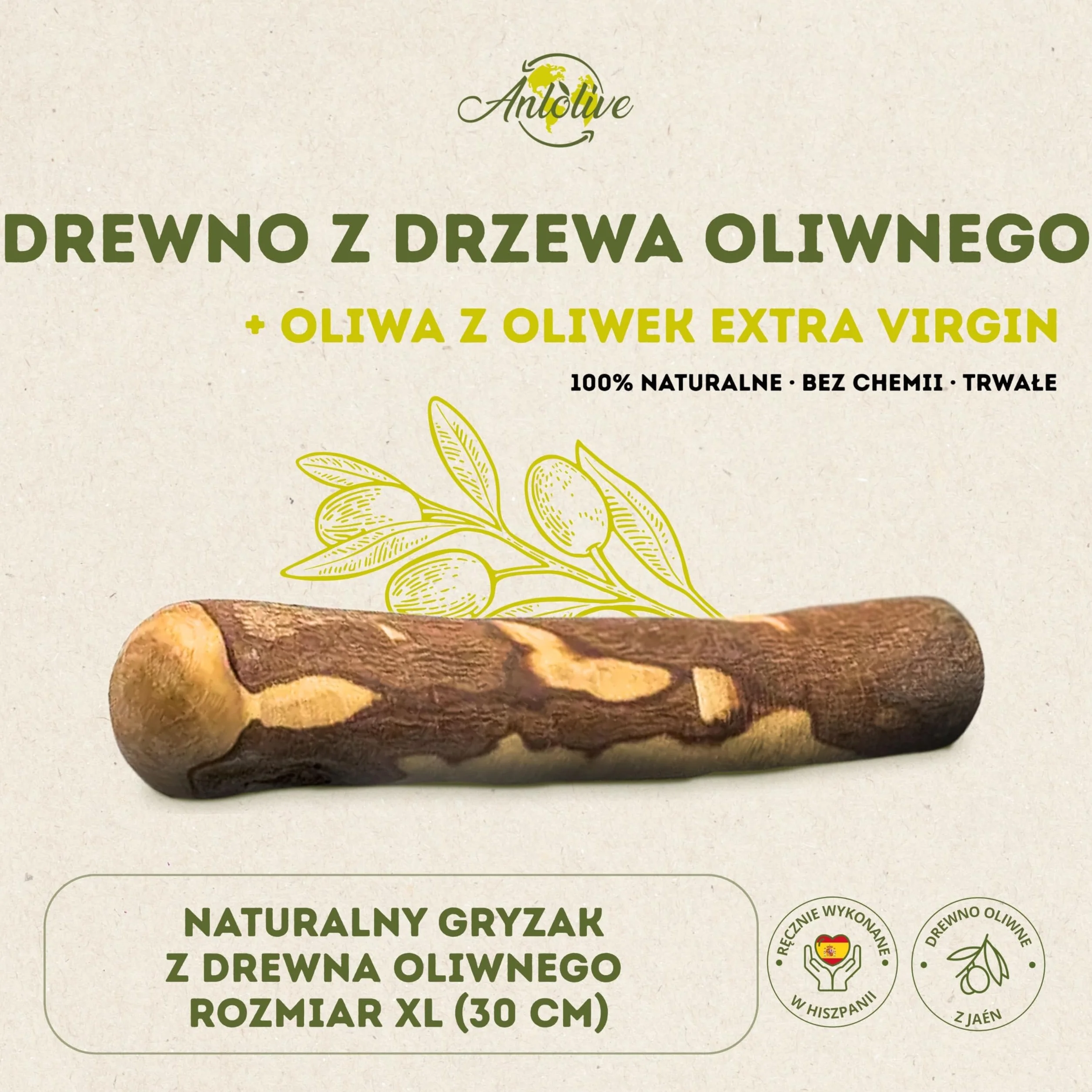 Naturalny gryzak rozmiar XL 27–30 cm | Dla dużych psów | Patyk z drewna oliwnego | Zdrowa, bezpieczna i trwała zabawka | Łagodzi lęk, dba o zęby i redukuje stres