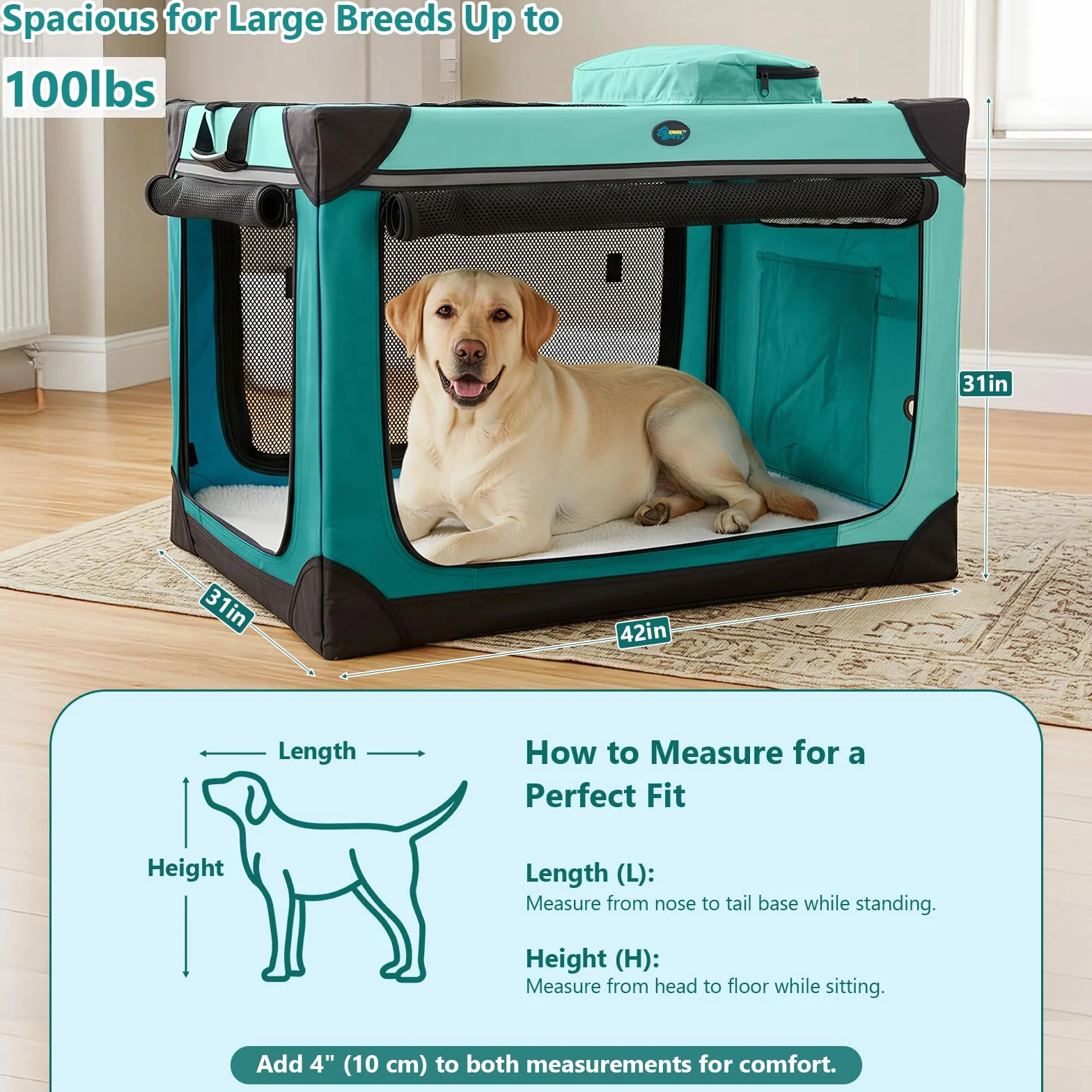 Ownpets Składana skrzynka podróżna dla psa z matą, 4-drzwiowa, 106,5 x 78,5 x 78,5 cm, przenośne nosidełko dla zwierząt domowych z lekką stalową ramą, dla dużych psów, miękka buda dla psów z odpinaną