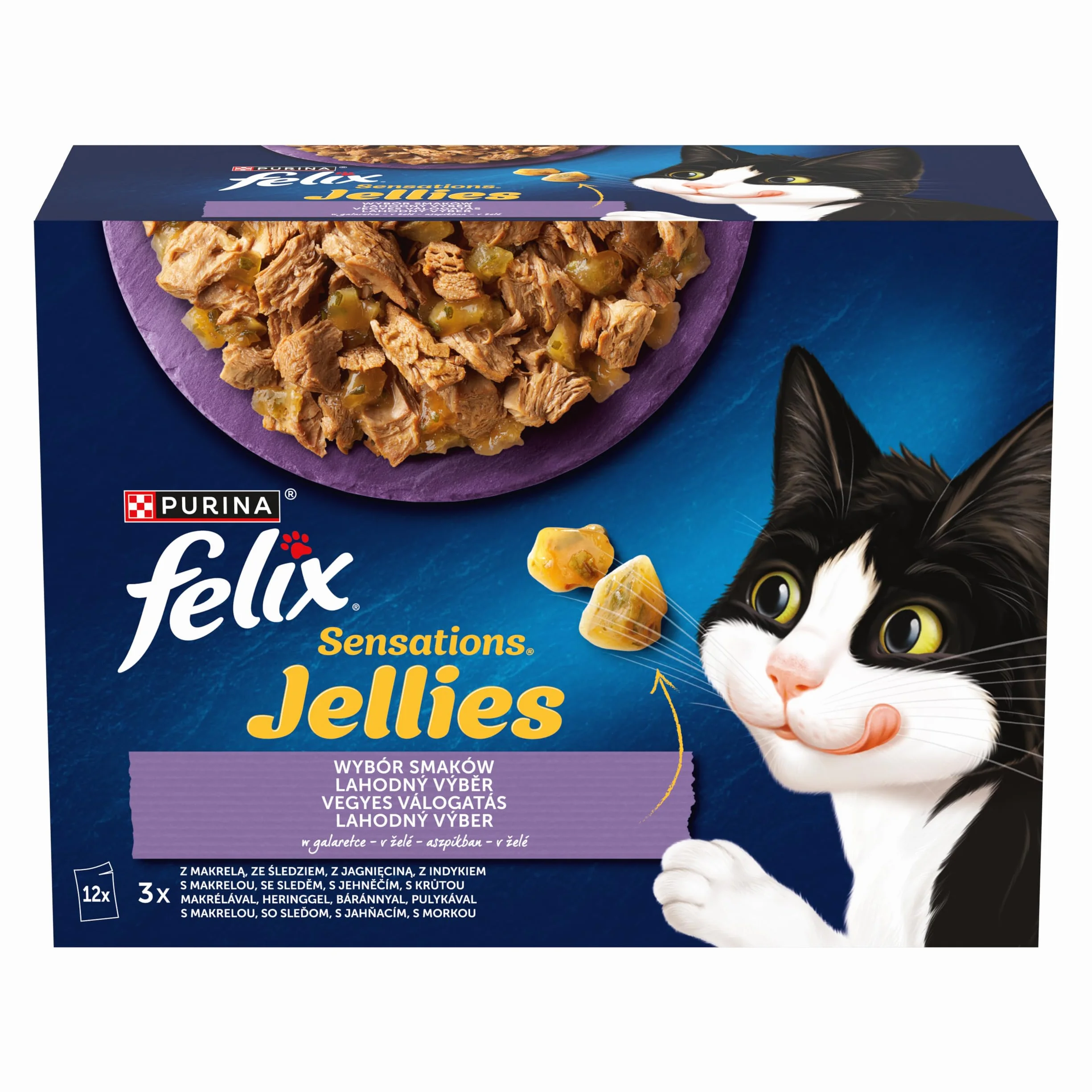 FELIX SENSATIONS JELLIES Wybór smaków | Karma mokra dla dorosłych kotów | Makrela, Śledź, Jagnięcina, Indyk | 12x85g