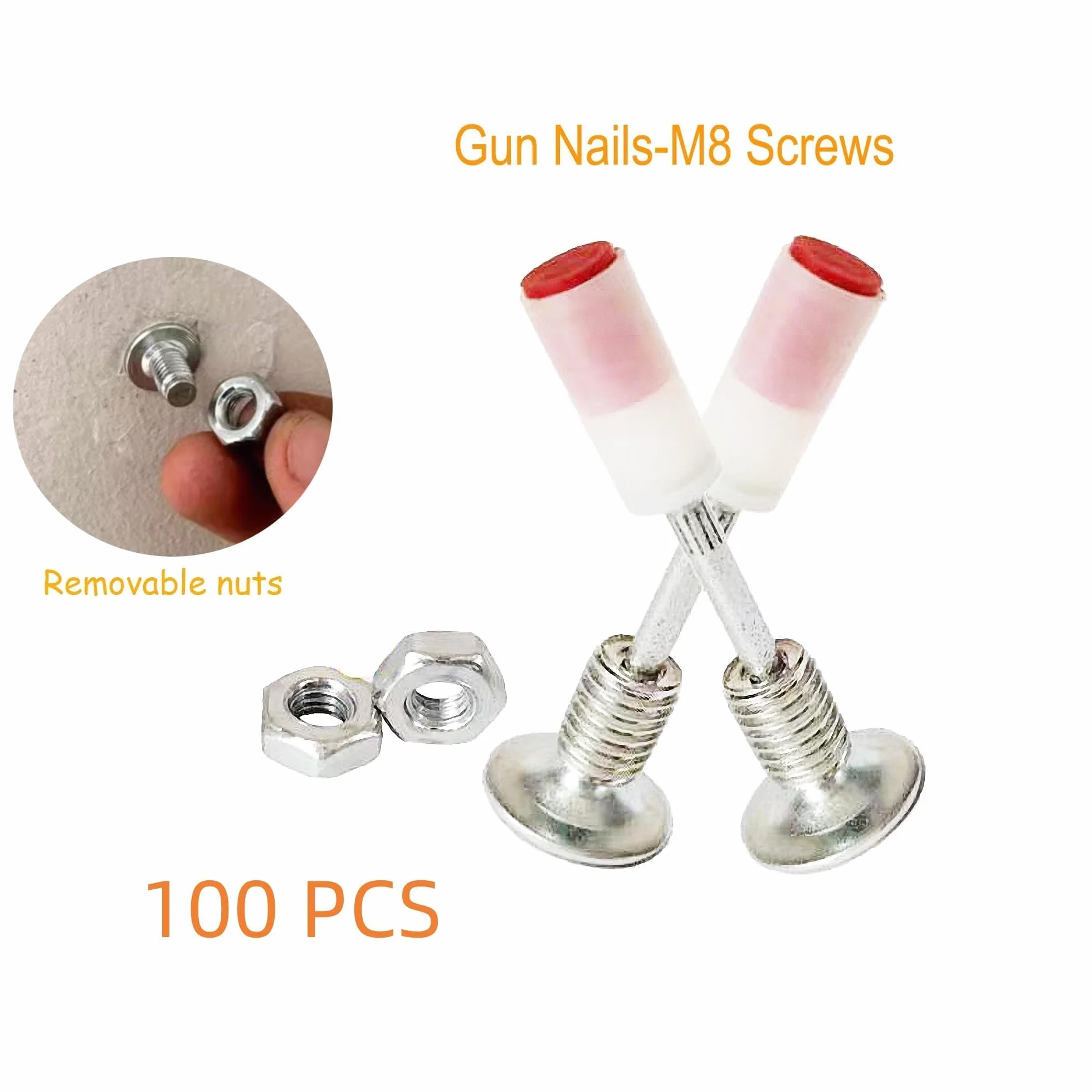 100 sztuk gwoździ do pistoletu gwoździowego, gwoździe z gwintem, zawiera 100 nakrętek M8, średnica 7,3 mm, do stali i betonu, pistolet gwoździowy, gwoździe do ścian betonowych, gwoździe do papy