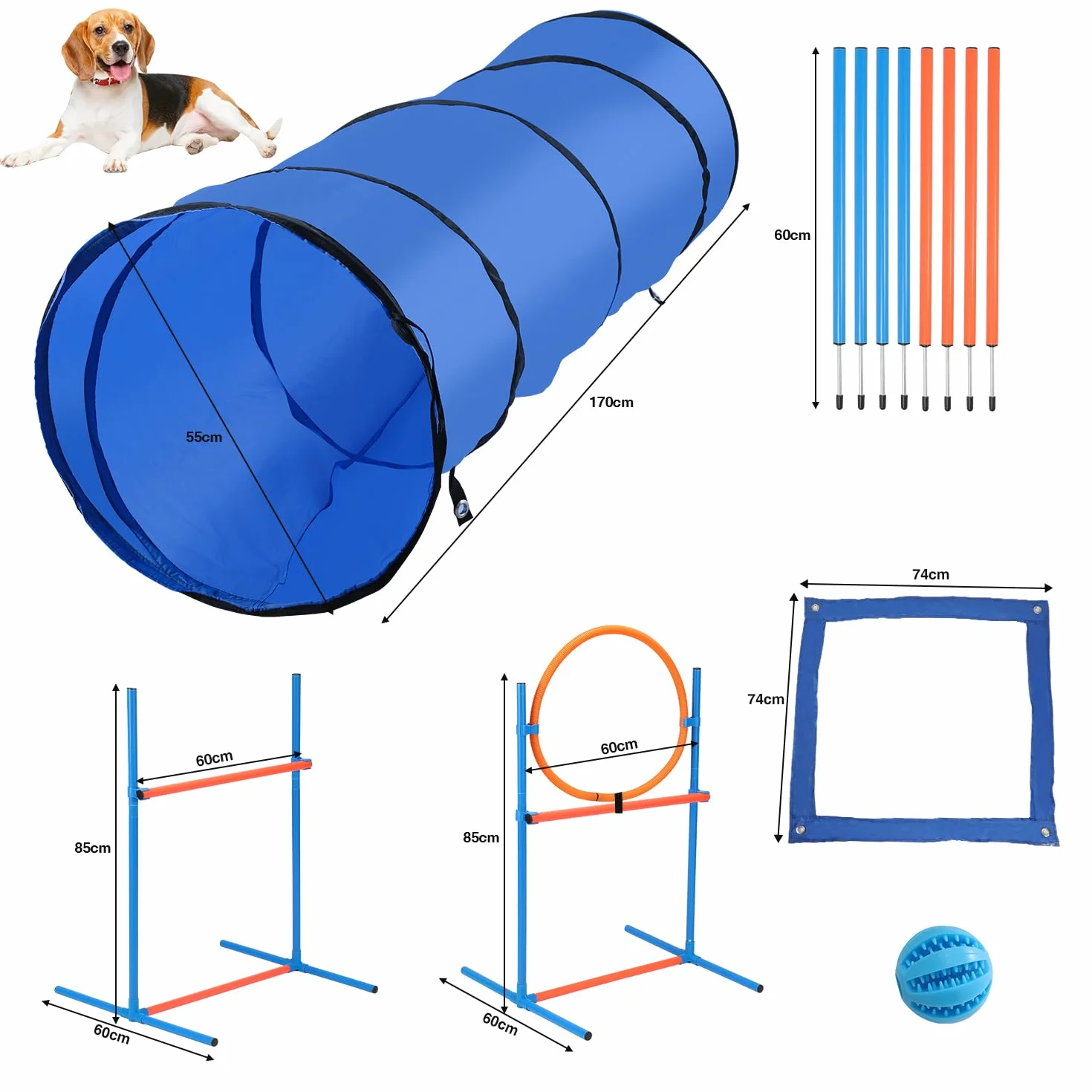 Gimisgu Agility zestaw dużych psów zwinnościowych, zestaw wyposażenia dla psów, akcesoria do treningu psa, przeszkoda, pierścień do skakania, tunel dla psa, 8 drążków slalomowych, piłka, gwizdek,