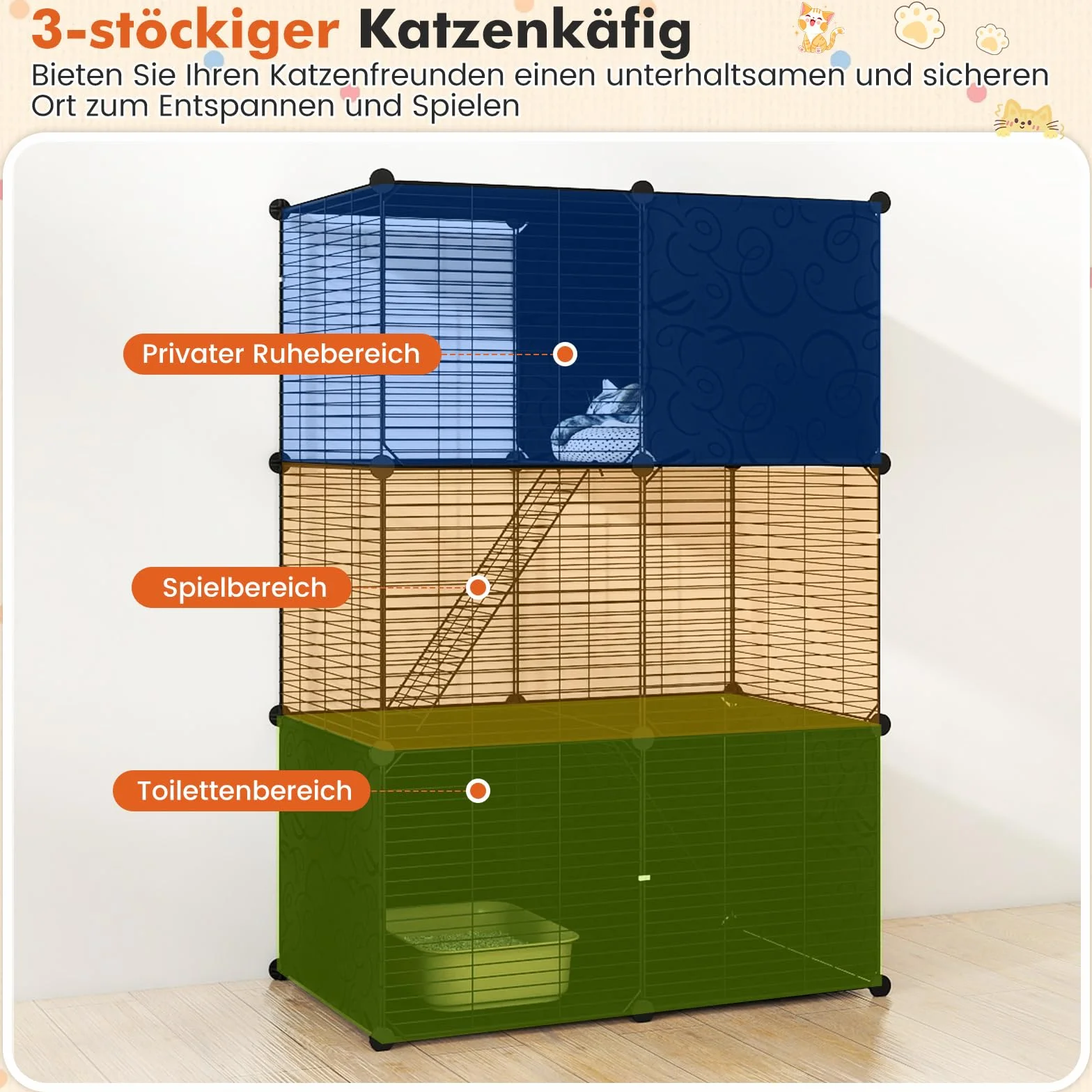 COSTWAY Klatka dla kotów, 3-poziomowa, ze zdejmowanym placem zabaw Catio i 2 rampami, "zrób to sam", metalowa klatka dla kotów, małych zwierząt, domek dla kotów na balkon, do wnętrz, 74 x 47 x 110 cm