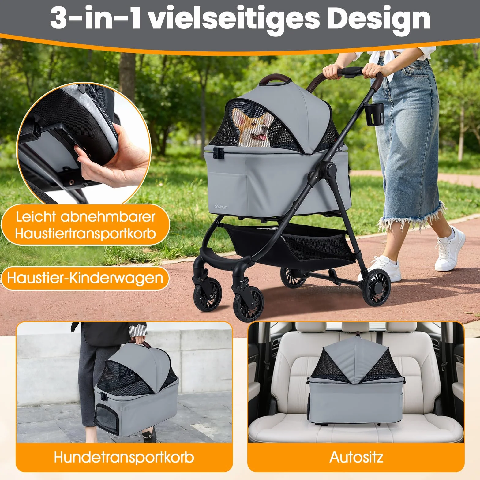 COSTWAY Wózek dla psów 3 w 1, składany, do 15 kg, z regulowanym dachem siatkowym
