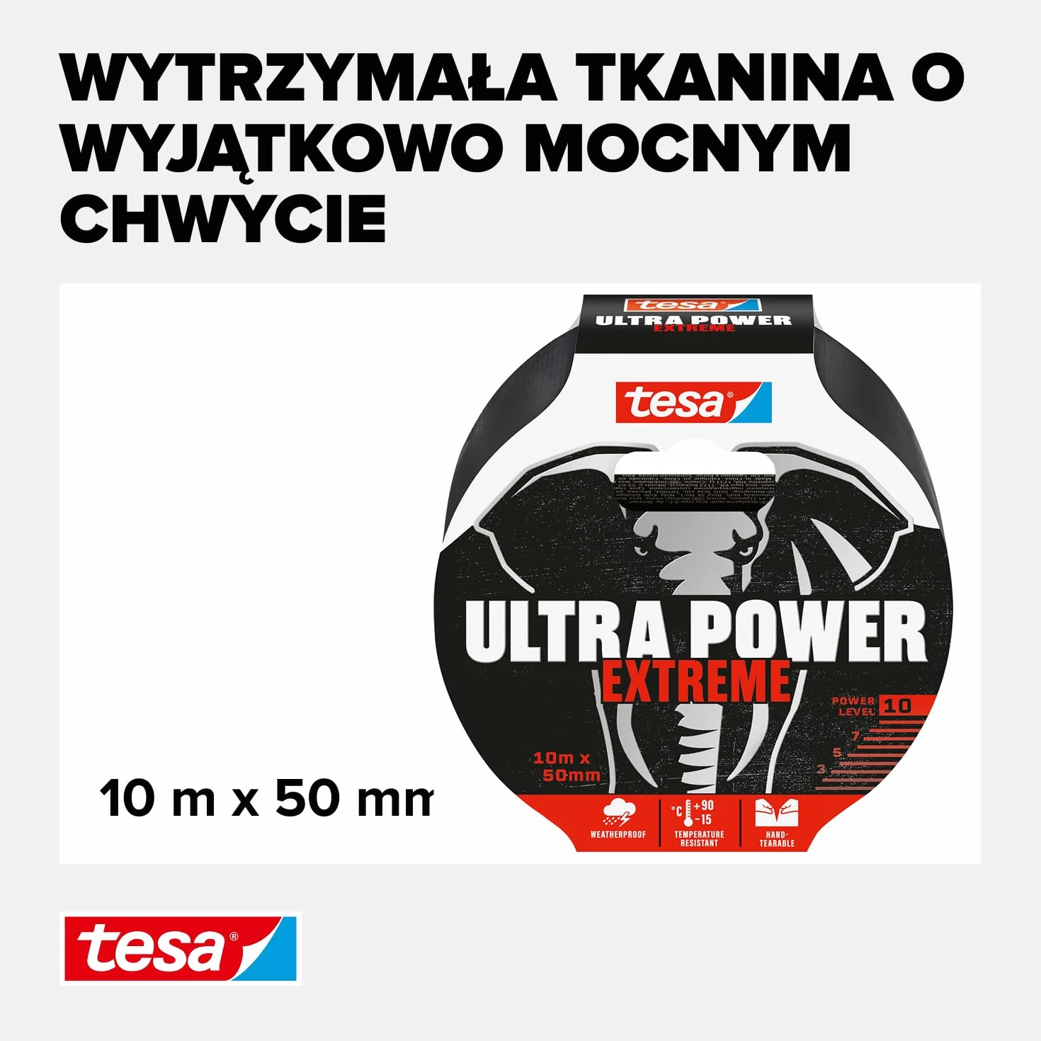 tesa Ultra Power Extreme taśma naprawcza - bardzo dobra przyczepność nawet na nierównych powierzchniach - odporna na czynniki atmosferyczne - urywalna ręcznie - 10 m x 50 mm