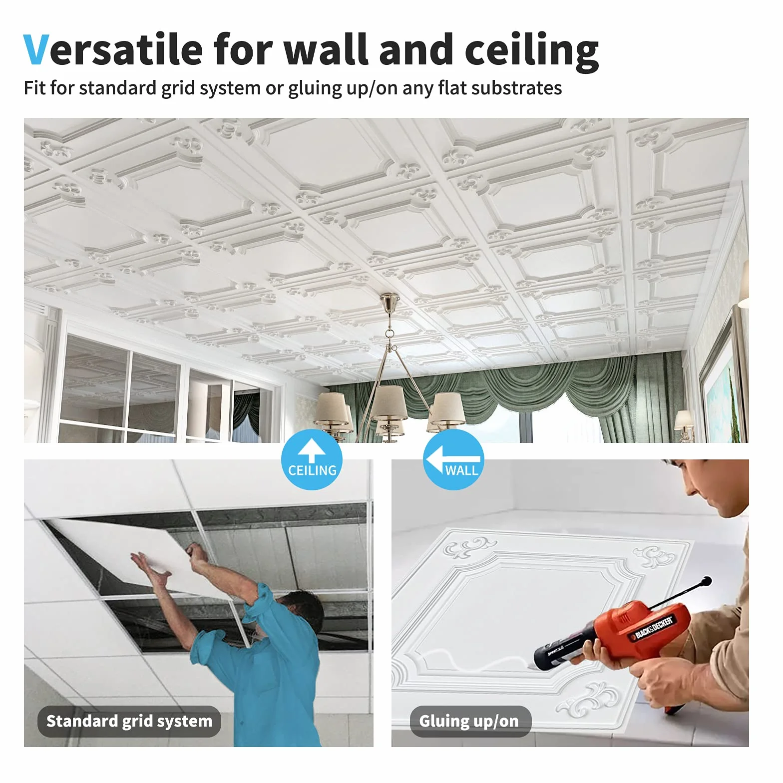 Art3d Wiszące płytki sufitowe Panele ścienne 3D 61 x 61 cm białe 12 szt. 4.5 ㎡