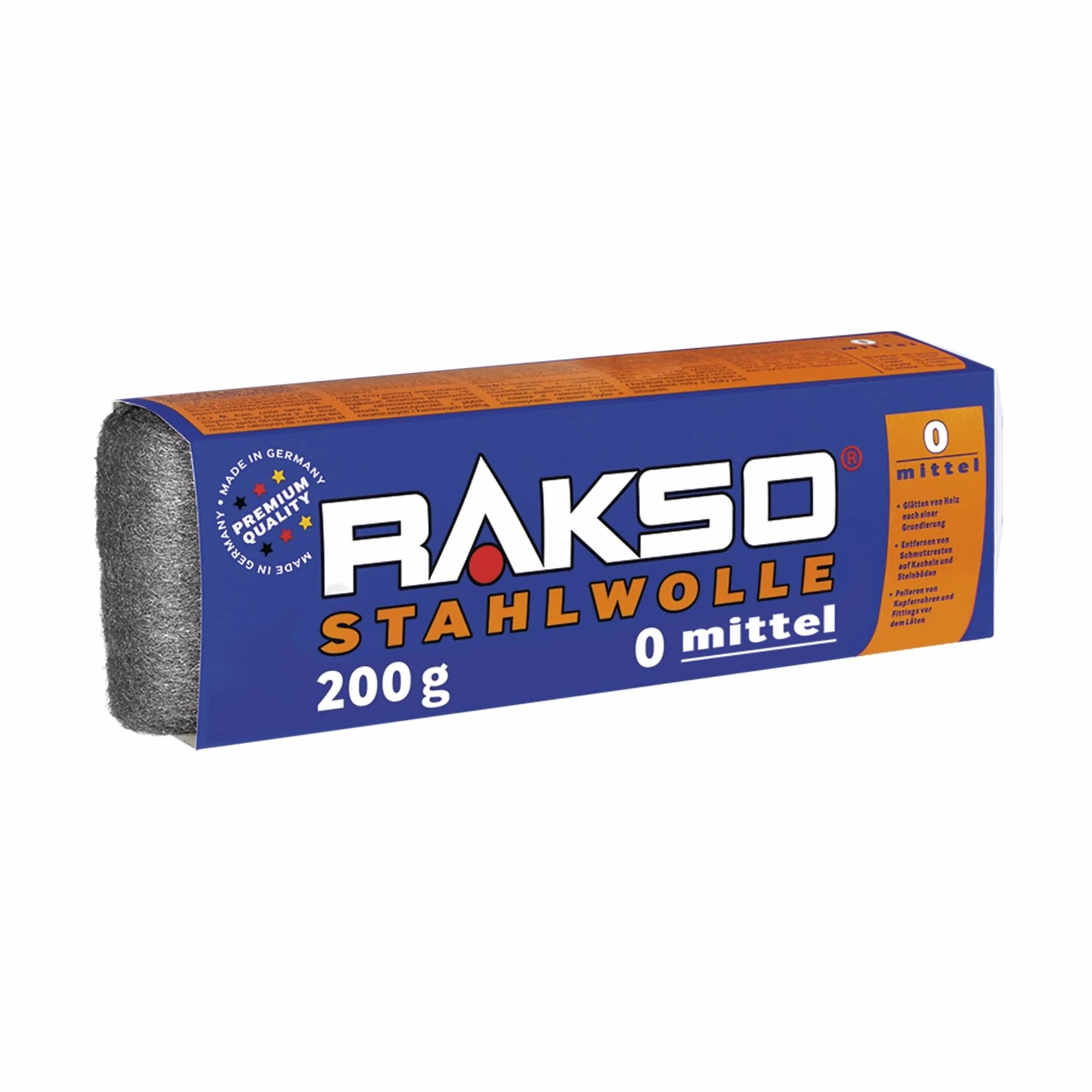 RAKSO Średnia wełna stalowa 0-200g, 1 baner, wygładza drewno, usuwa brud z kamiennych płytek/podłóg, poleruje miedziane rury/kształtki
