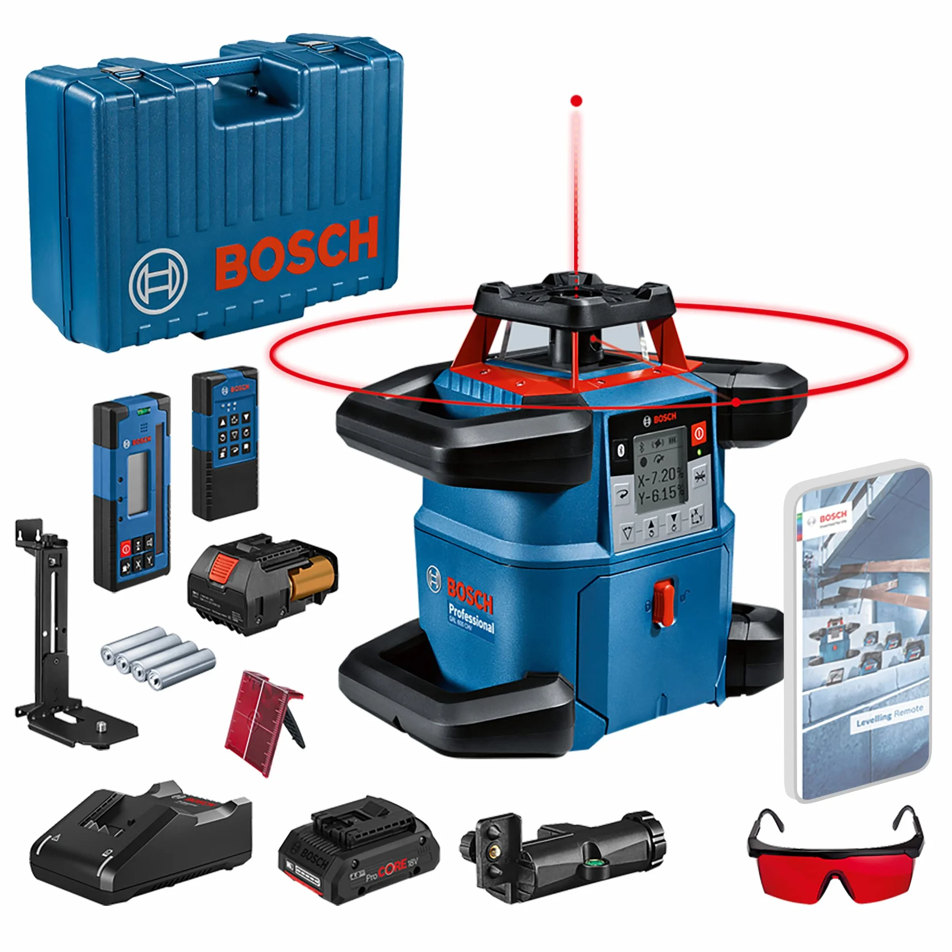Bosch Professional system 18V: laser obrotowy GRL 600 CHV (1 akumulator ProCORE18V 4.0Ah, szybka ładowarka GAL 18V-40, walizka)