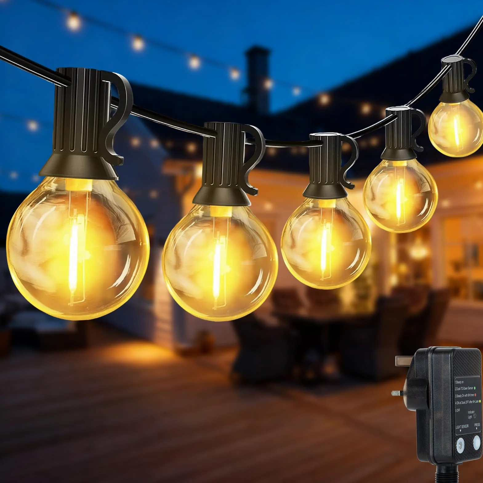 Łańcuch świetlny LED, prąd zewnętrzny, 15 m, możliwość ściemniania, łańcuch świetlny LED z czujnikiem światła, timer, 25 + 2 ciepła biel, żarówki G40, plastikowe, wodoszczelny, do ogrodu, na