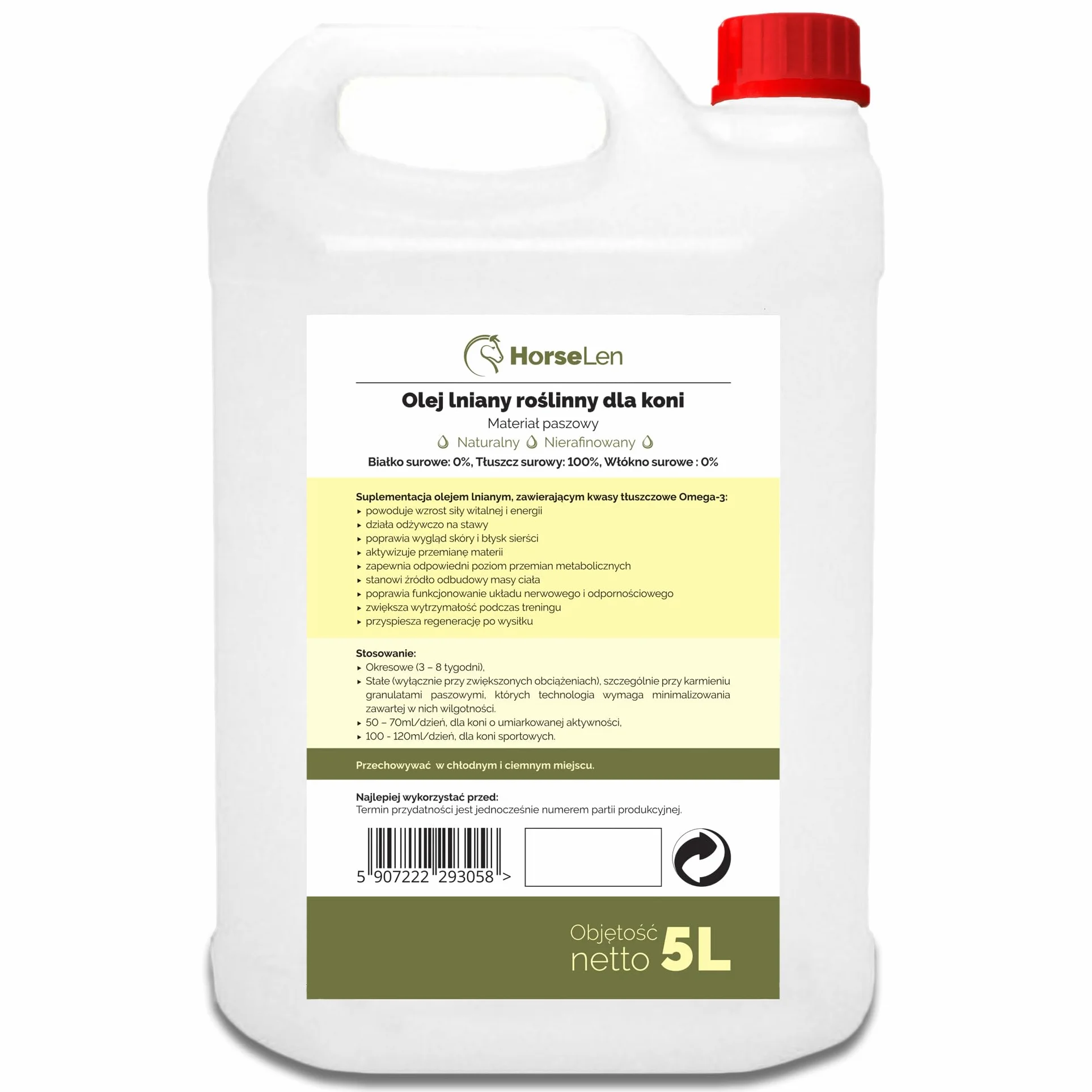 HORSELEN, Olej Lniany dla Koni, Nierafinowany, 100% Naturalny, Tłoczony na Zimno, Bogaty w Omega-3, Witaminy A, D, E, 5L + Pompka Dozująca, Dawkowanie 50-120ml/dzień