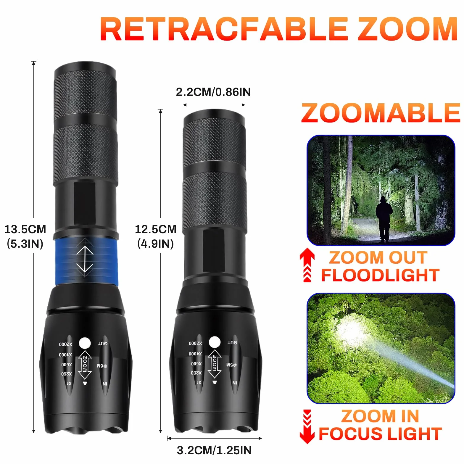 Latarka LED 4 w 1 Akumulatorowa Zoomable Wodoodporna Biała Czerwona Żółta Pomarańczowa