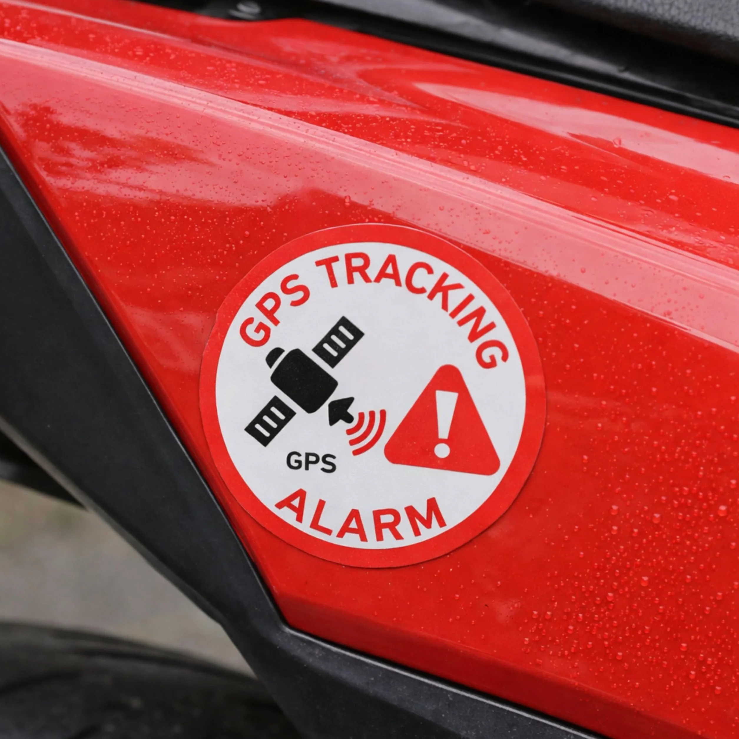 Naklejki GPS TRACKING ALARM 12 szt Ø 3 cm folia samoprzylepna ostrzegawcza