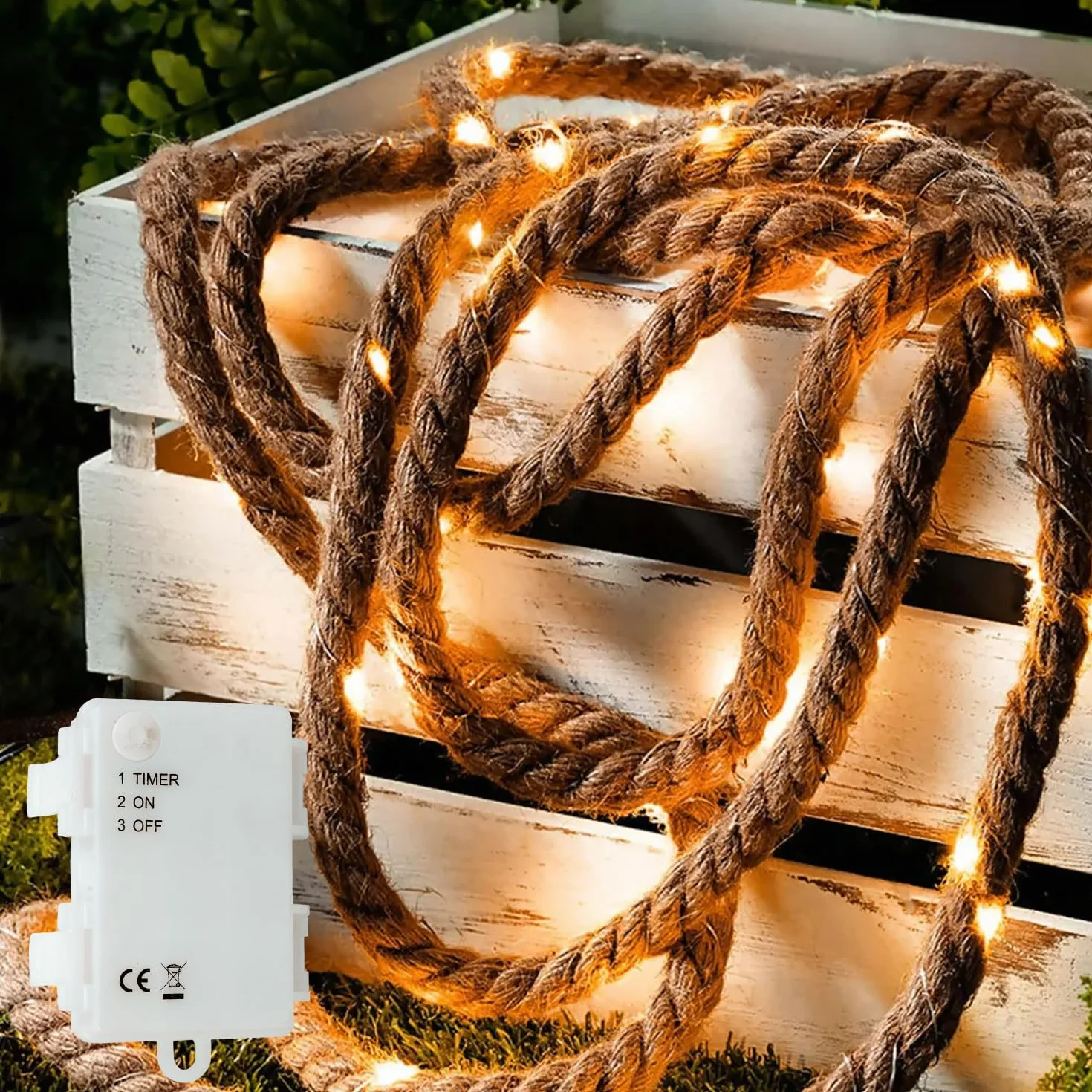 Gresonic Łańcuch świetlny LED, 25 diod LED, długość 2 m, na baterie, timer, lina bawełniana, naturalna linka jutowa, ciepła biel, barwa światła, dekoracja ogrodowa, oświetlenie wewnętrzne, dekoracja