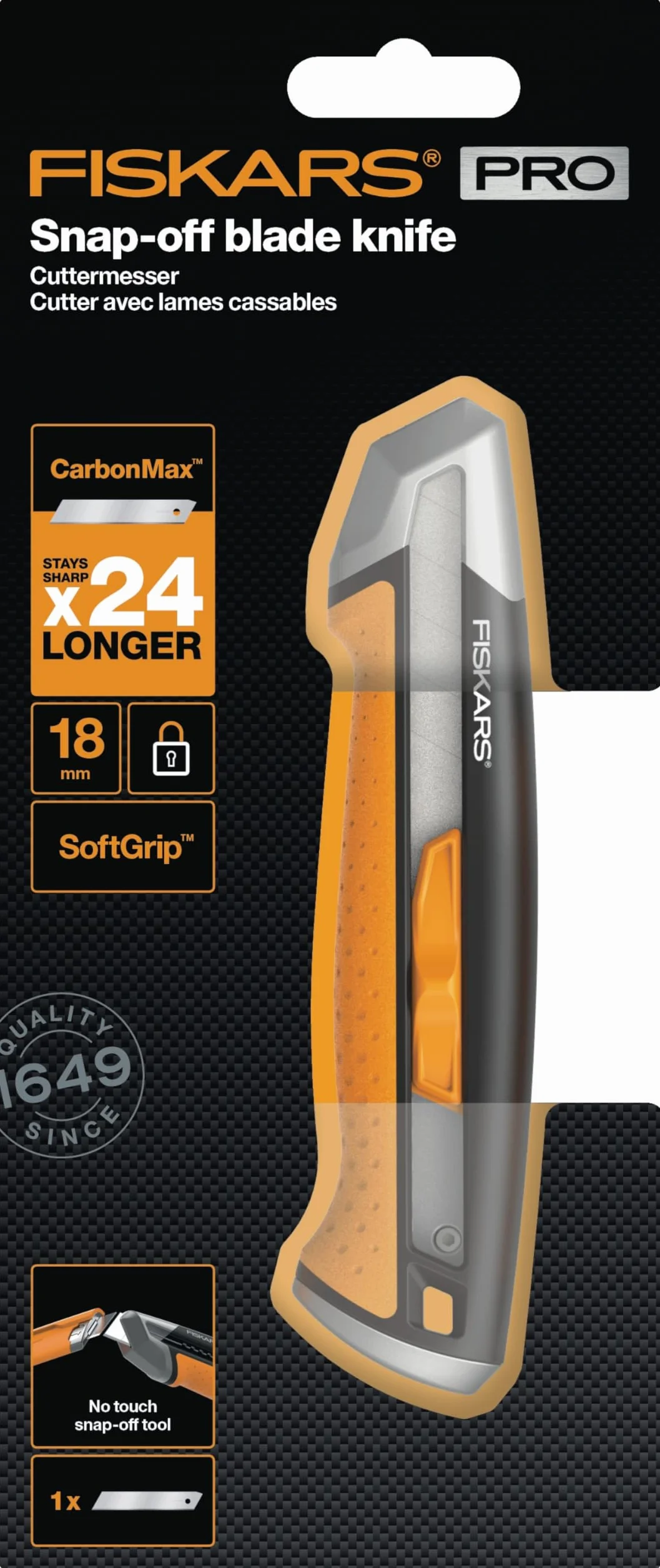 Fiskars Nóż segmentowy 16,5 cm CarbonMax Stal nierdzewna czarny pomarańczowy