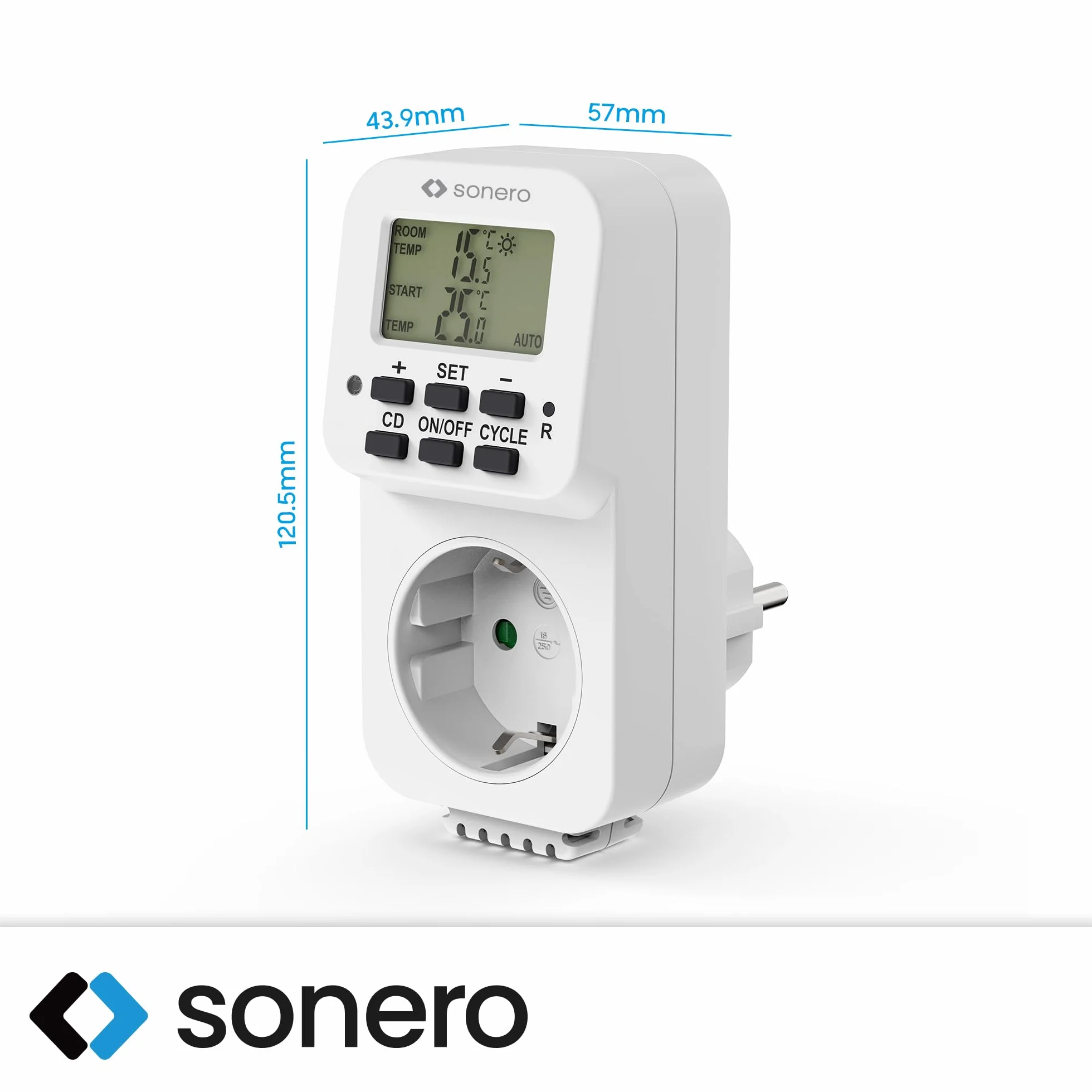 Sonero Cyfrowy termostat gniazdko, regulator temperatury, ogrzewanie, chłodzenie, sterowany czasowo z wewnętrznym czujnikiem, do terrarium, szklarni, pieca wędzarniczego, jako czujnik mrozu, 3600 W,