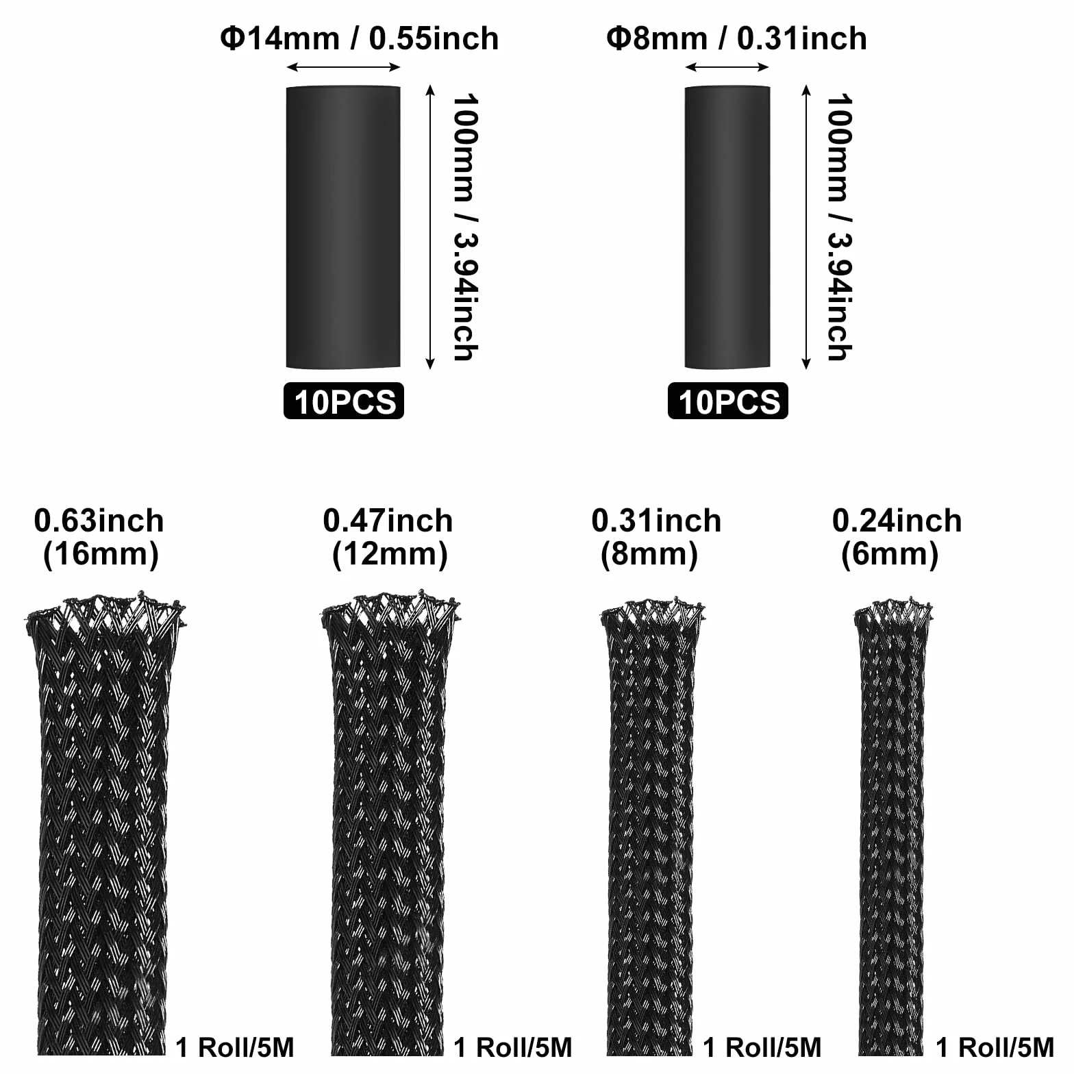 4 x rolka osłonki PET 5 m do rozbudowy plecionego kabla z 20 rurkami termokurczliwymi (8/10 mm) do kabli audio i wideo do urządzeń domowych (6/8/12/16 mm)