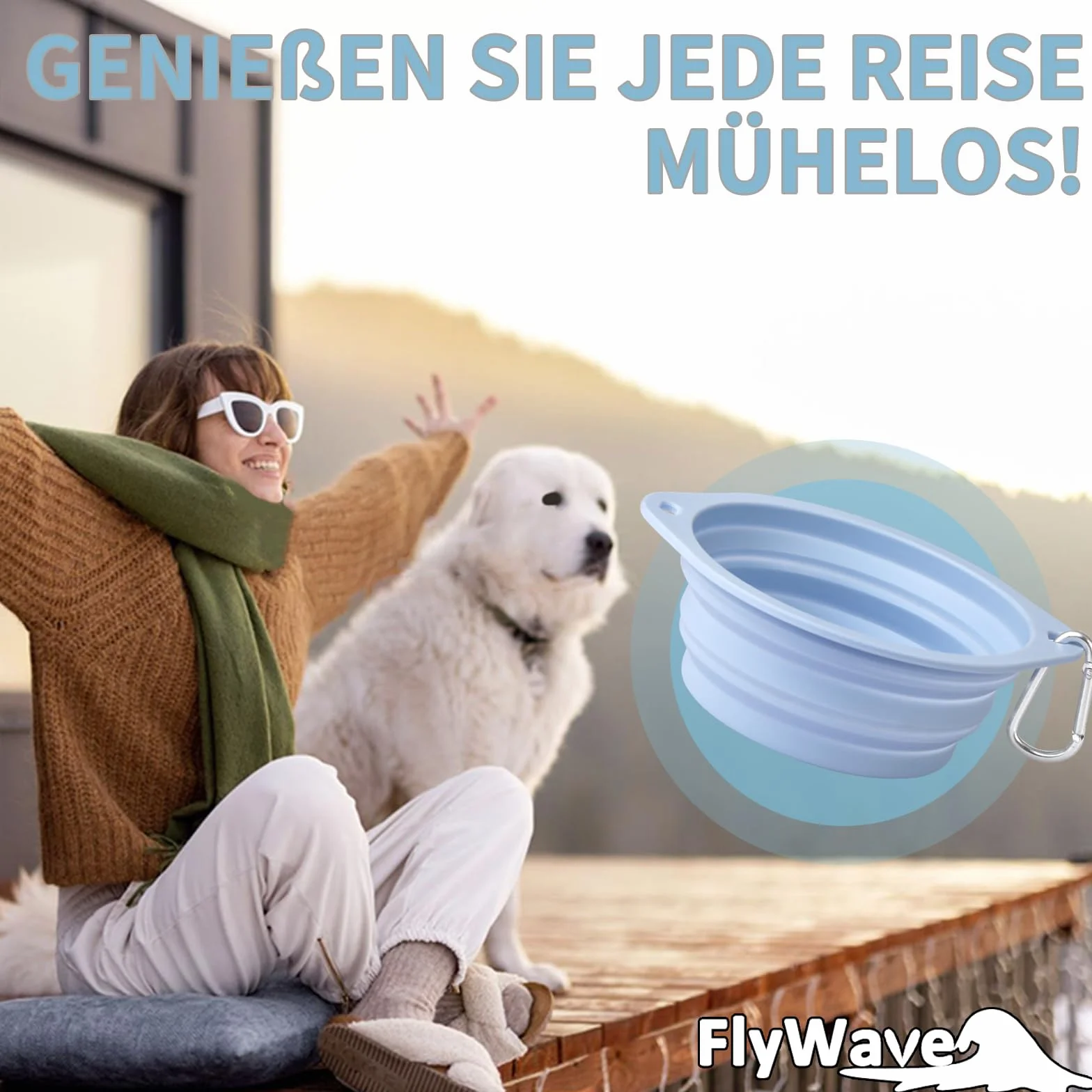 FlyWave Składana miska dla psa w podróży, miska podróżna dla psa, zabezpieczona przed wyciekiem, miska do picia dla psa na podróż, składana, 350 ml, niebieska
