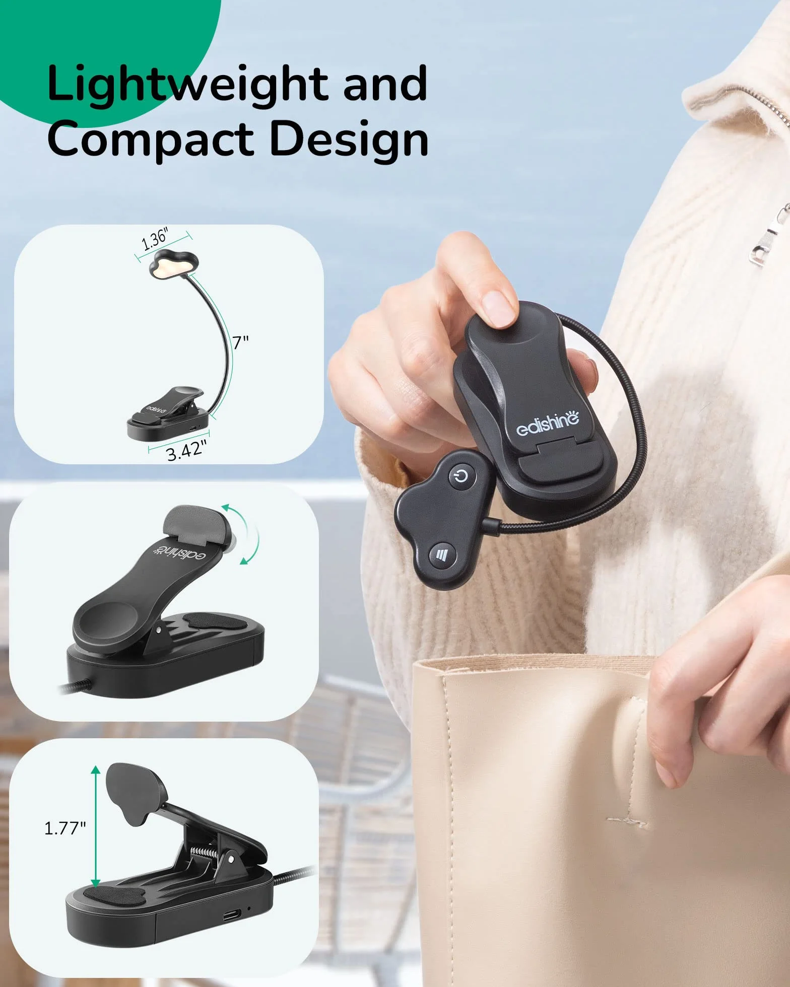 EDISHINE Lampa do czytania z 8 diodami LED USB z możliwością ładowania 360°, elastyczna szyja łabędzia, 3 temperatury barwowe i ciągłe ściemnianie, ochrona oczu, lampa zaciskowa do czytania w łóżku,
