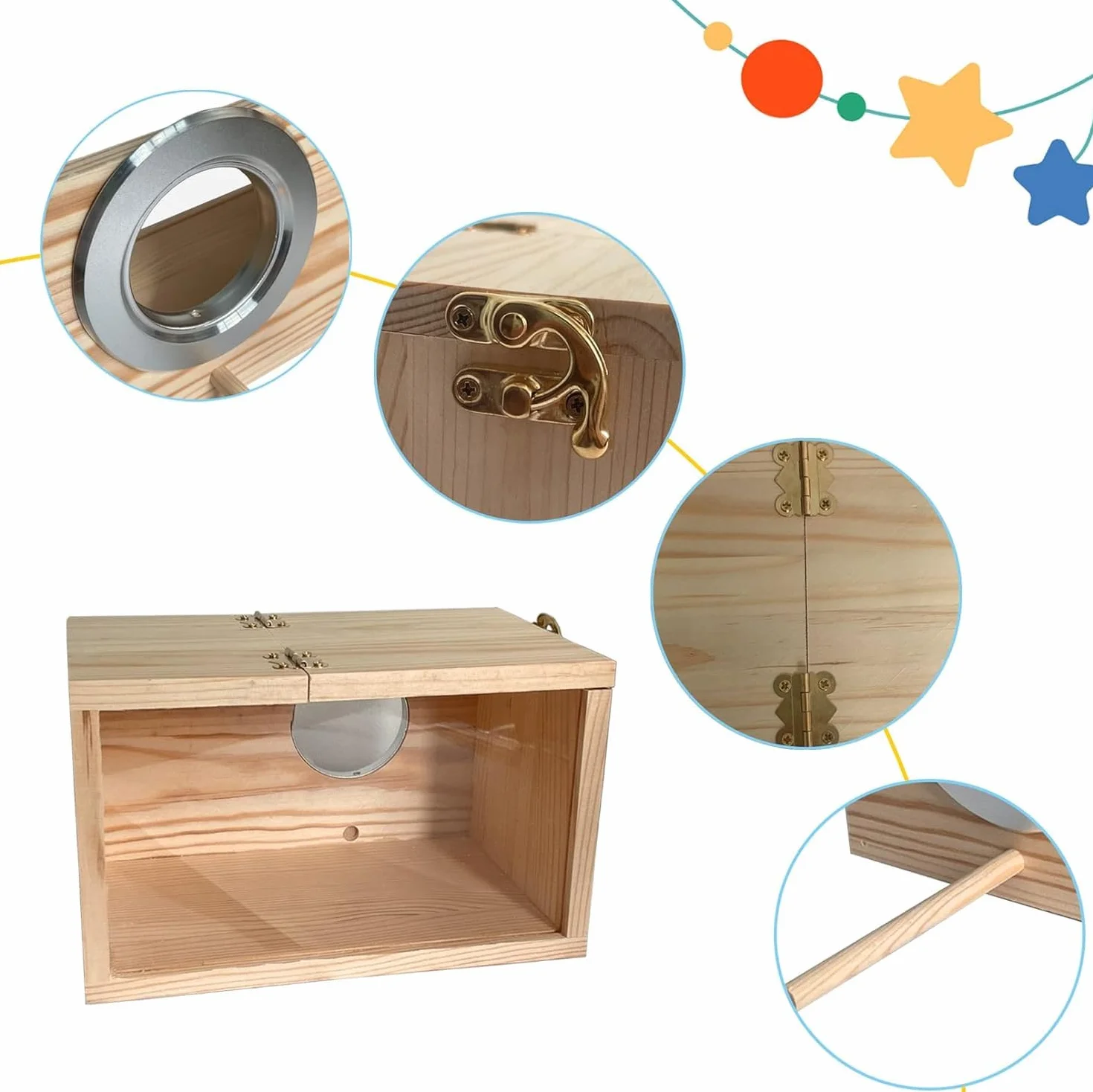 LATRAT Budka lęgowa dla papug Przezroczysty design, domek dla ptaków z naturalnego drewna Małe gniazdo ptasie, drewniana klatka dla papug, gniazdo lęgowe dla papug gatunku Lovebirds i Ellensittich