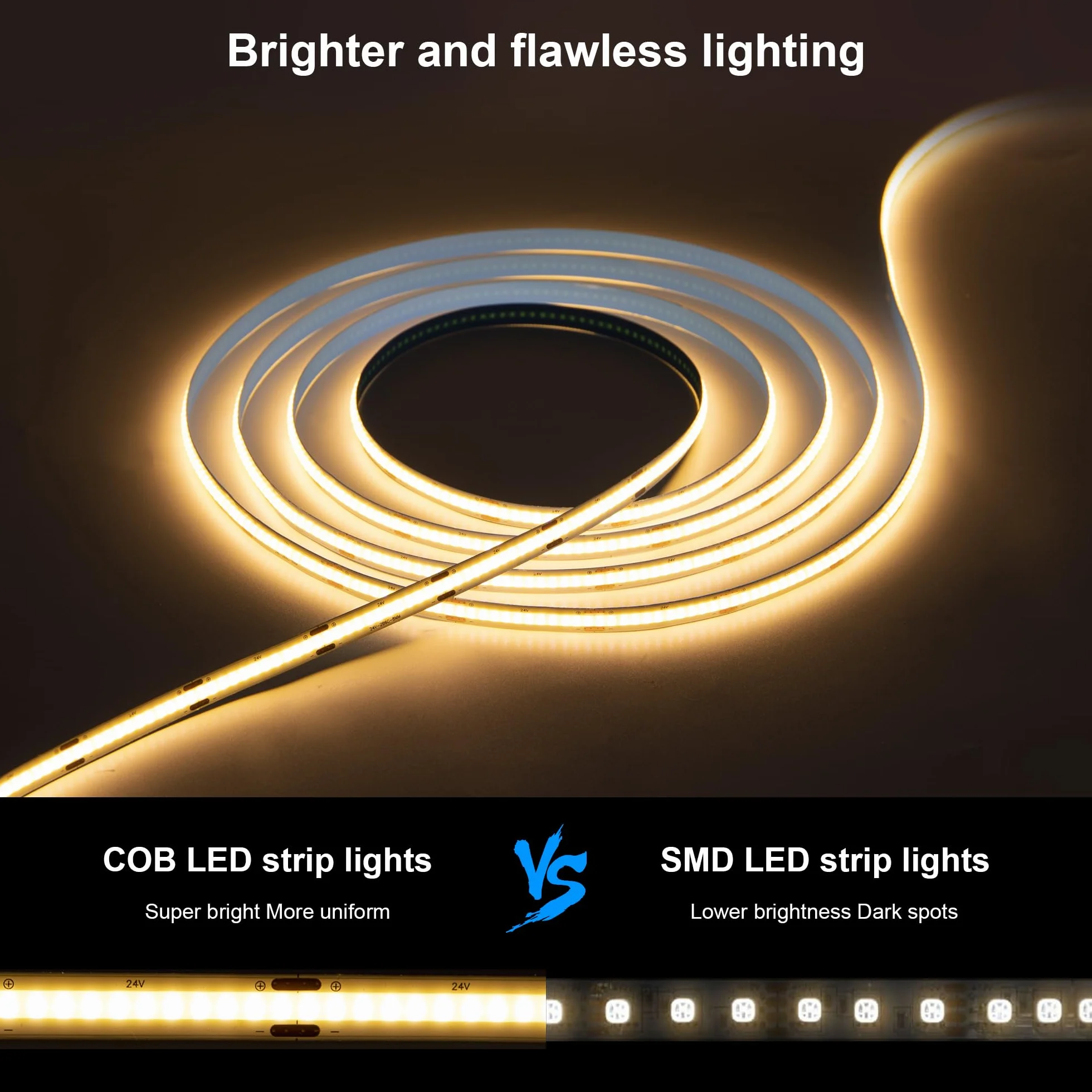 Macchiatto 2 m USB 5 V COB LED Strip ciepły biały 3000 K, 640 LED ściemnione światło Strip CRI90 +, COB LED Strip Spotless elastyczne do podświetlenia telewizora sypialnia kuchnia szafa