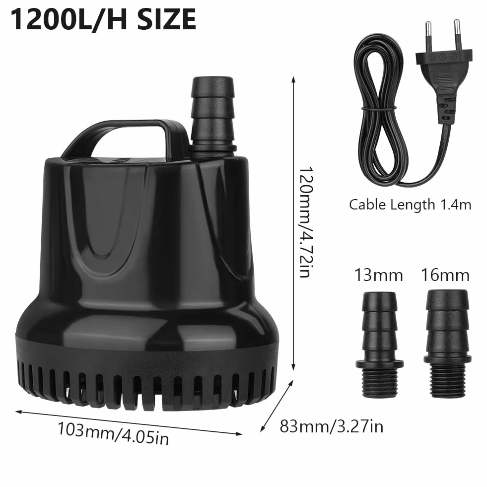 flintronic Zatapialna pompa wodna, 25 W 1200L/H ultra cicha pompa akwariowa z 4 nóżkami przyssawek do stawu ryb fontanna zbiornik na ryby 2 dysze