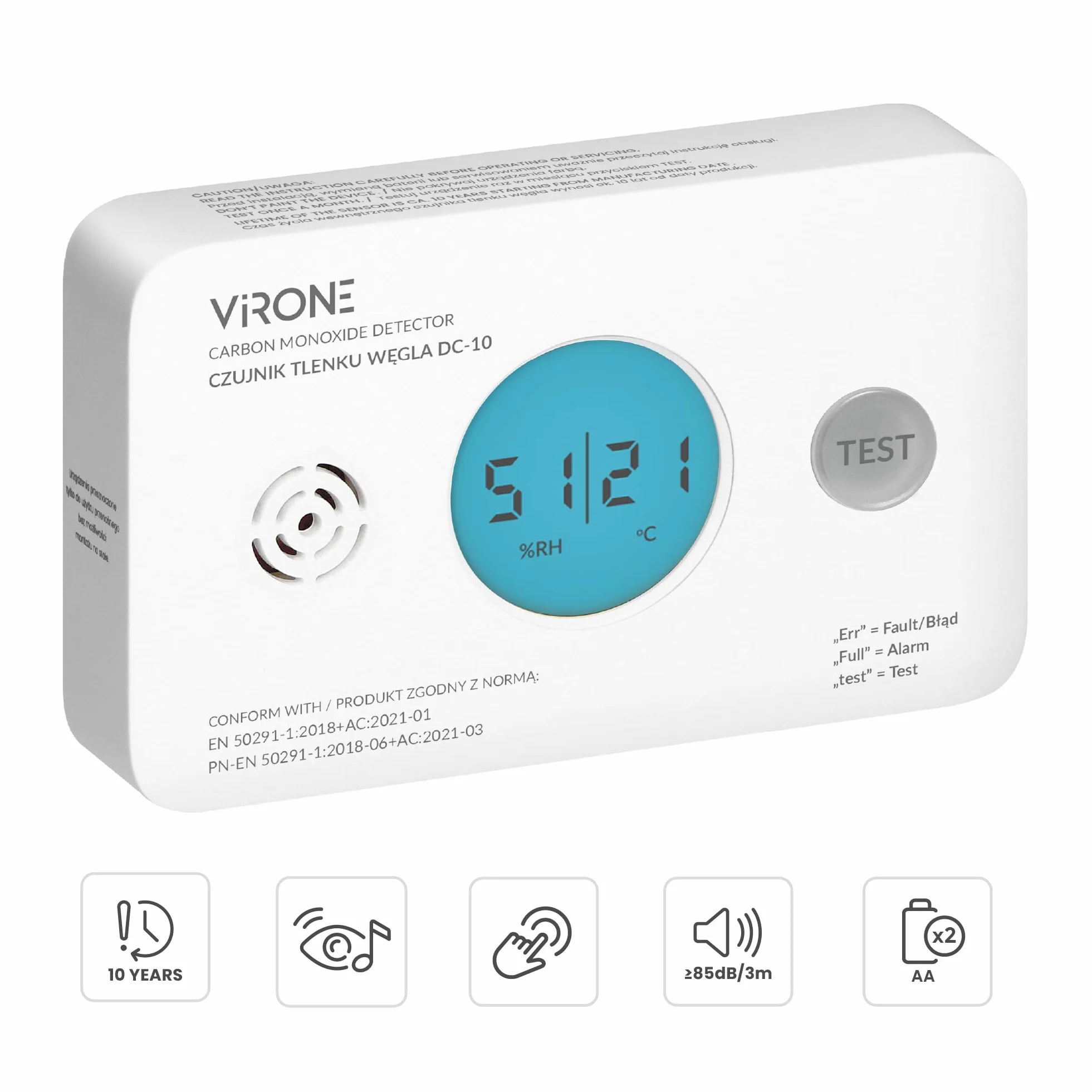 Virone Czujnik Czadu Detektor Tlenku Węgla LCD 10-letnia Żywotność Certyfikat TÜV IP20