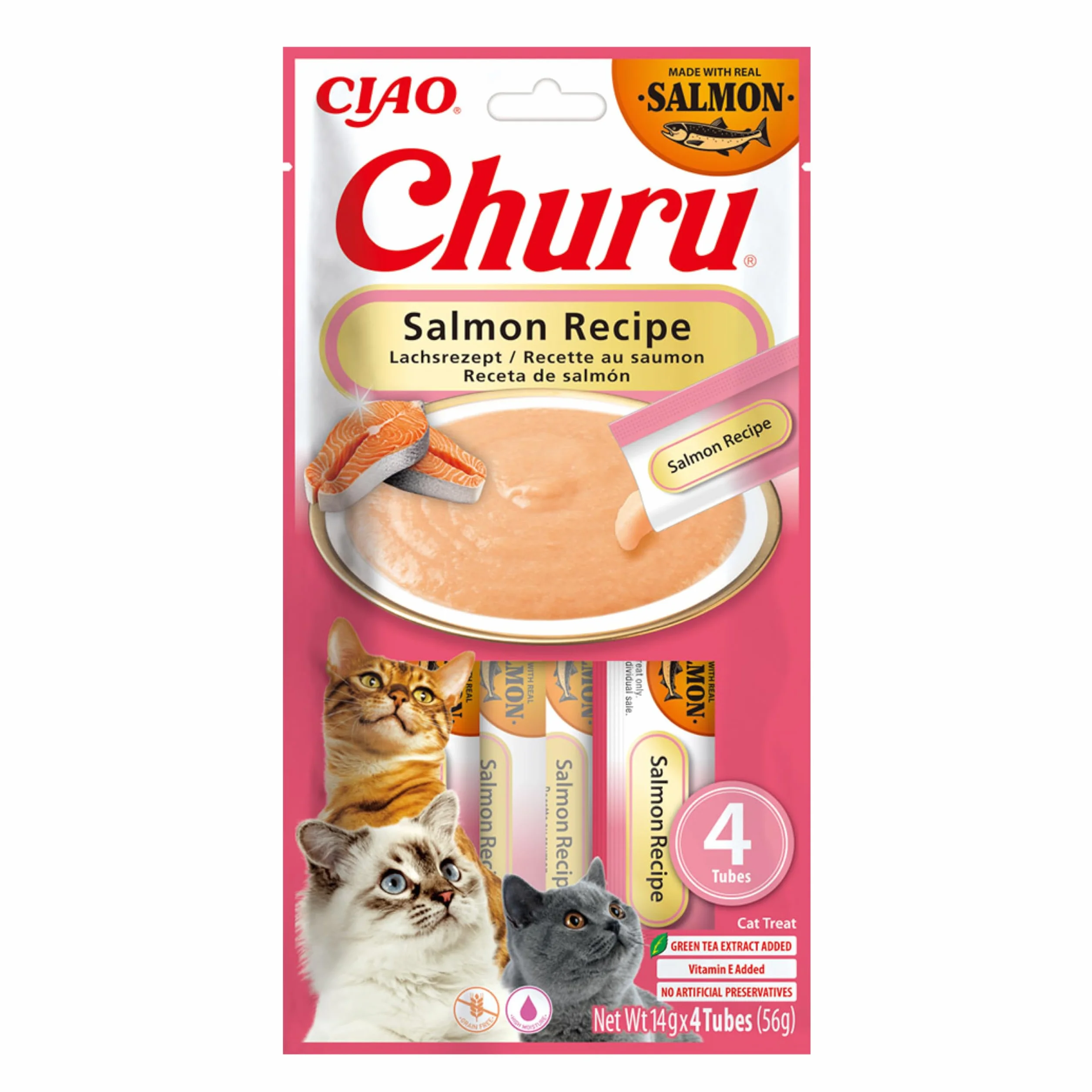 INABA Churu Treats Cat Treats 30% łososia, bogaty w kwasy omega 3, witaminę E, kolagen, tylko 12 kcal na tubkę | zdrowe przysmaki dla kotów z Japonii, 56 g (1 opakowanie)