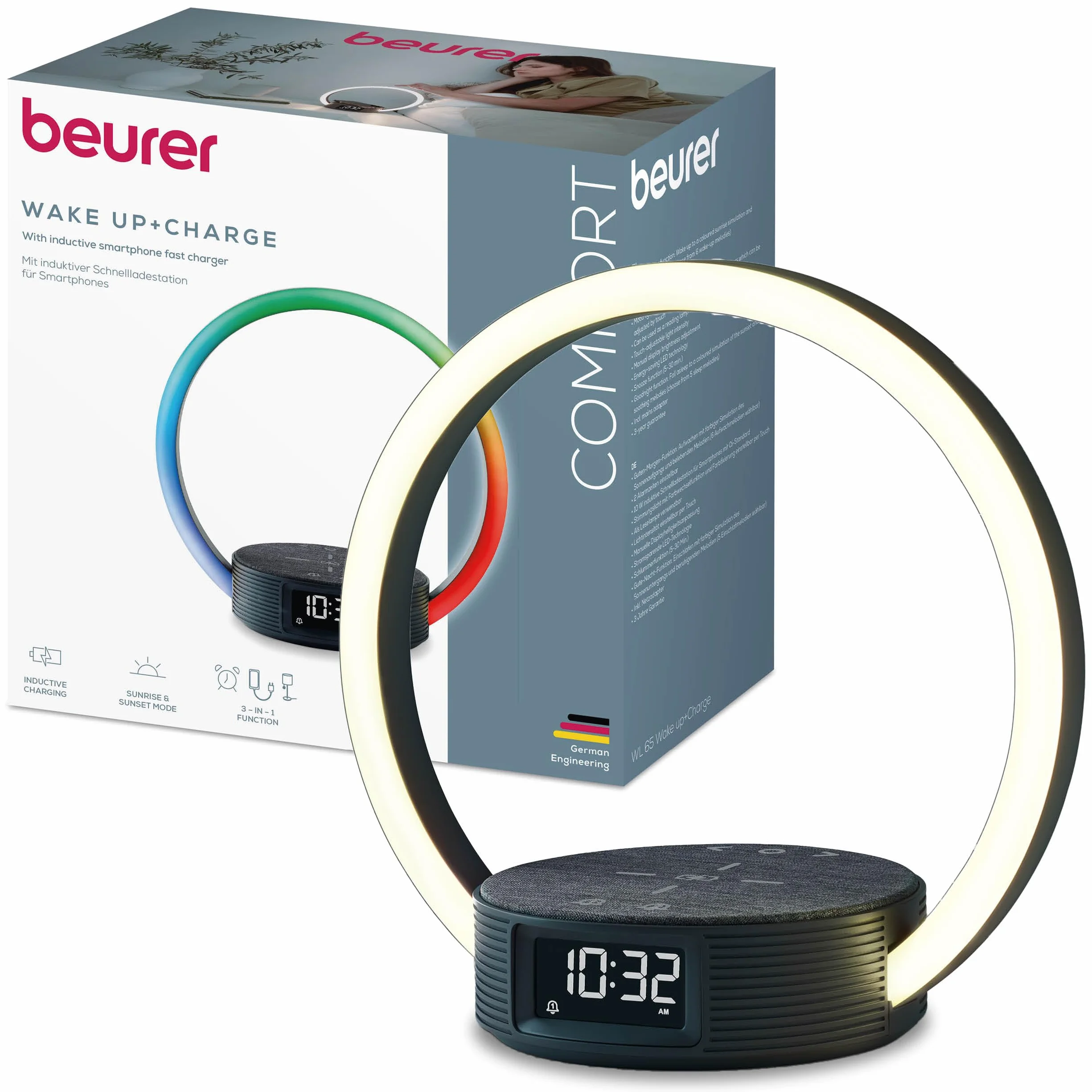 Beurer WL 65 Wake Up + Charge Budzik świetlny, lampka nocna z funkcją ładowania smartfonów, budzik z symulacją wschodu słońca dla łagodnego budzenia, ściemniana lampka nocna z opcją zmiany koloru