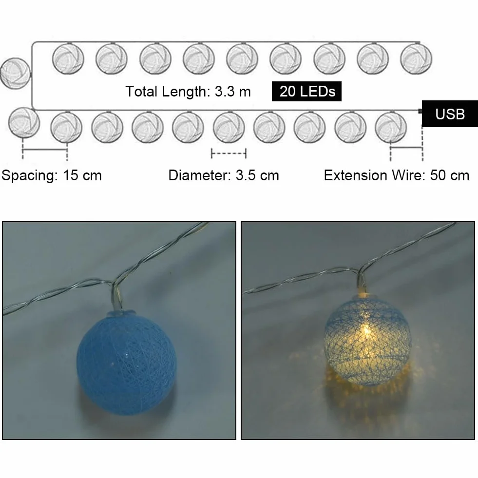 HOTUT Łańcuch świetlny z kulek bawełnianych, 3,3 m USB String Lights w kształcie kulek, łańcuch świetlny 20 LED z bawełnianymi kulkami do pokoju dziecięcego, wesele, imprezę, wystrój