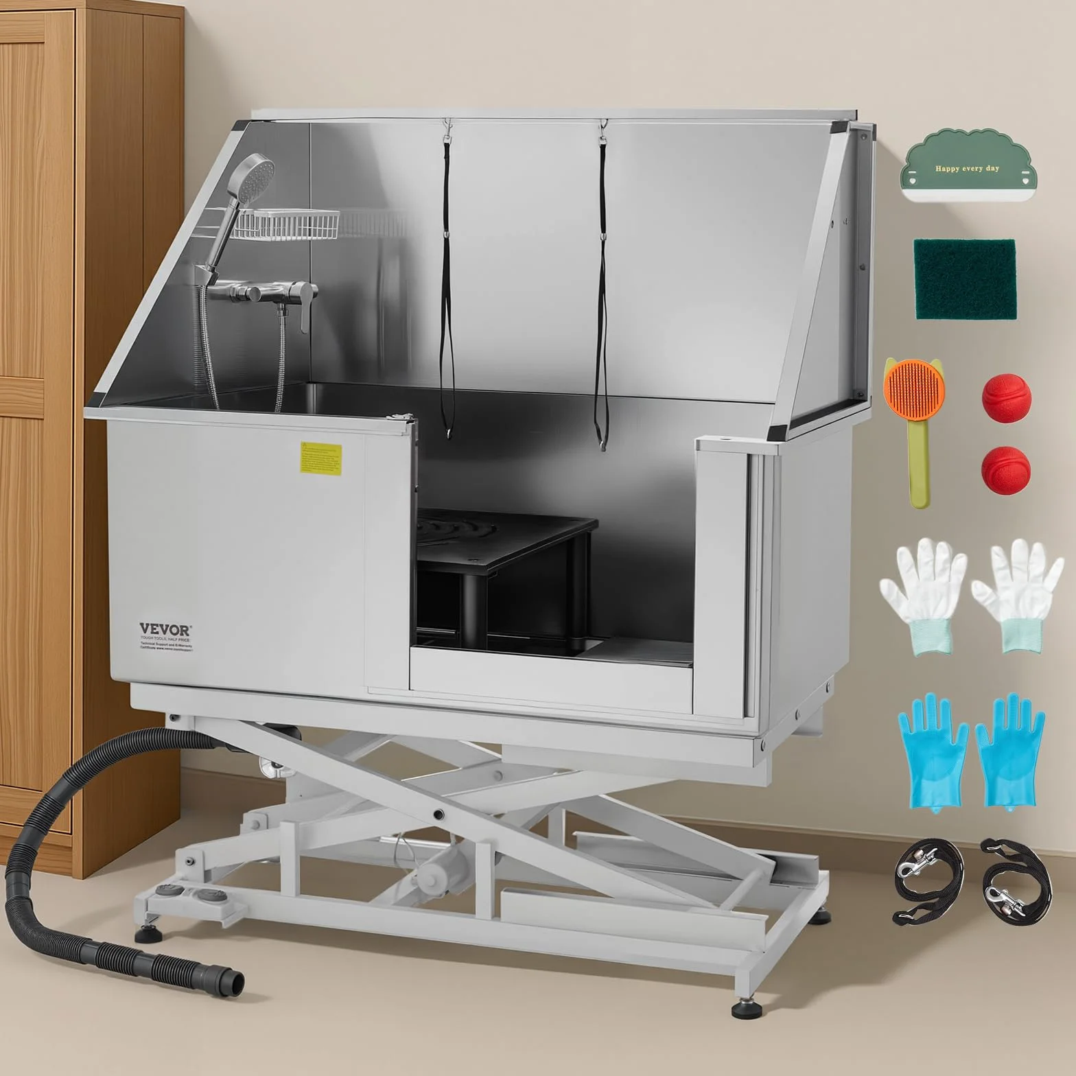VEVOR Elektryczna stacja do mycia psów, wanna do pielęgnacji zwierząt ze stali nierdzewnej 127 cm panel filtra wody, dla wielu zwierząt domowych, drzwi prawe