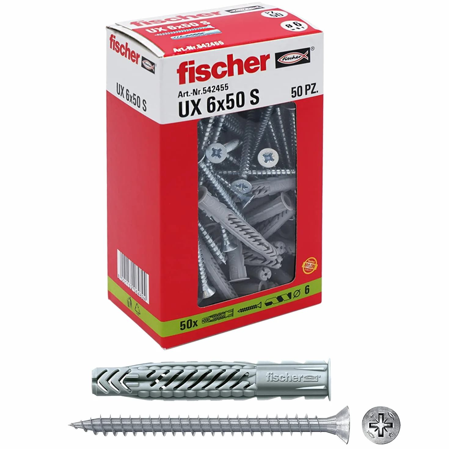 Fischer 542455 kołki rozporowe ze śrubą UX, szare, 6 x 50 mm, zestaw 50 sztuk