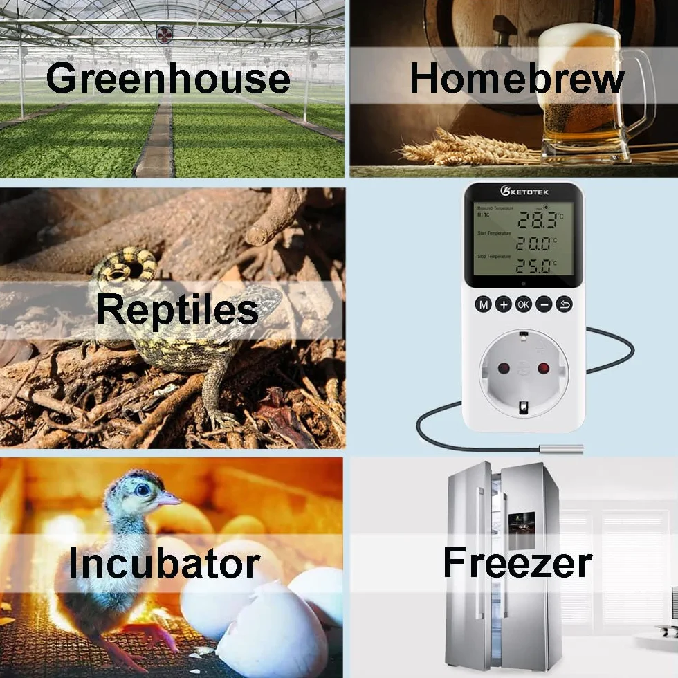 KETOTEK Wtyczka Termostatu Wylotowego z Dziennym Zegarem Nocnym Kontroler Temperatury Cyfrowego Ogrzewanie Chłodzenie 230V dla Gad Terrarium Grzałki Szklarnia Inkubator 220V