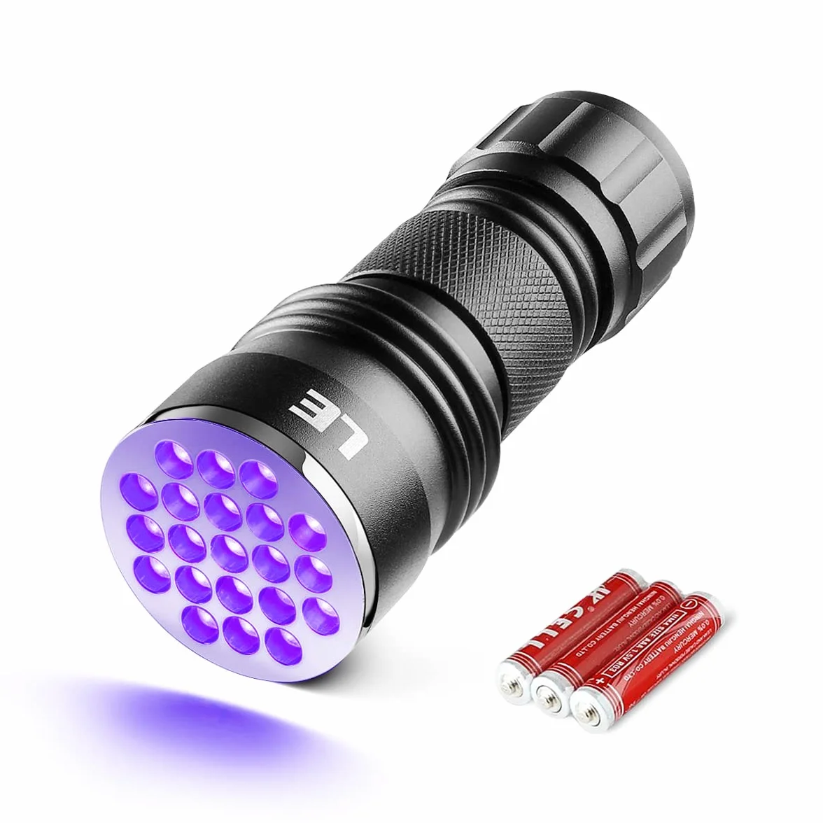 Lepro Lampa UV, 21 diod LED 395 nm, wykrywacz czarnego światła do moczu zwierząt, plam, pluskiew na dywanie lub podłodze, fałszywy banknot i inne, 3 baterie AAA w zestawie