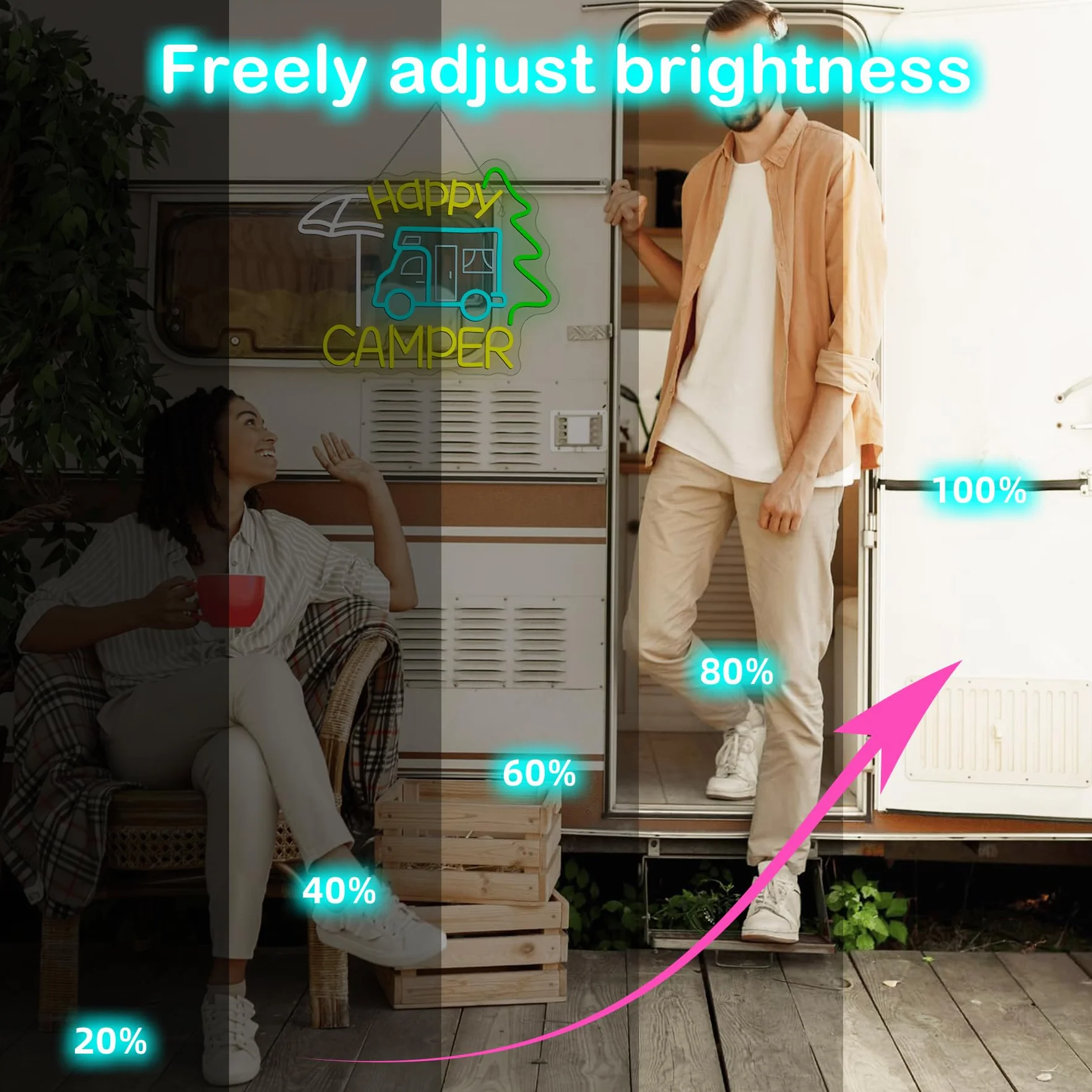 Szyld neonowy Happy Camper, szczęśliwy camper LED, napis LED do kamperów, reklama świetlna do dekoracji miejsc takich jak kemping, pikniki, biwak, namiotowe miejsce, taras, ogród