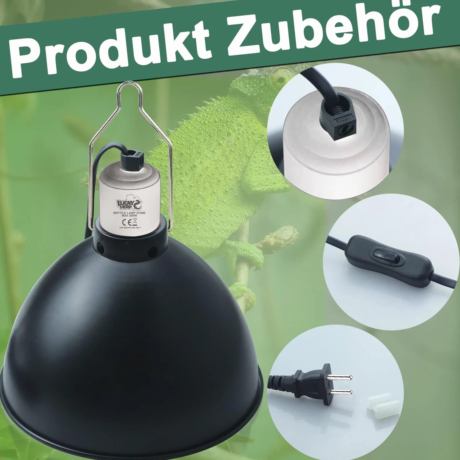 LUCKY HERP 20,5 cm gady, terrarium, kopuła, E27, aluminiowa lampa reflektorowa do lampy grzewczej, 250 W, lampa do terrarium, UVB dla żółwia, bartagame, kurczaka, psa