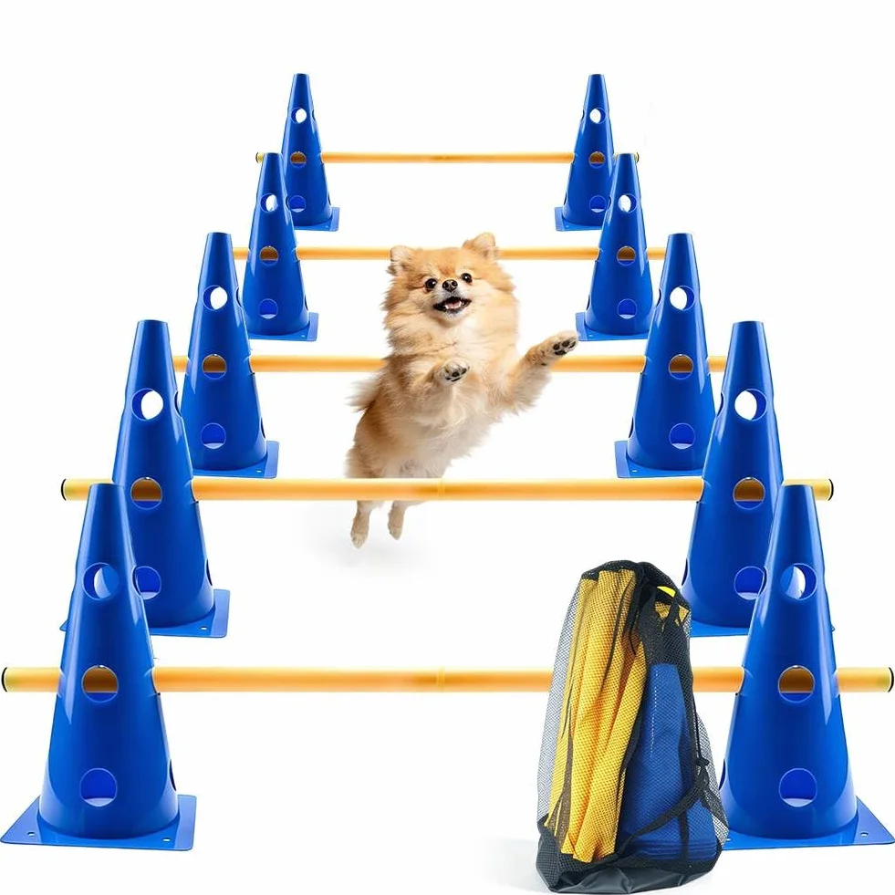Agility zestaw płotków wtykowych, 10 stożków + 5 drążków, regulowane płotki treningowe, zestaw płotek treningowych do treningu koordynacyjnego, zestaw dla dzieci, psów, sport zespołowy, piłka nożna