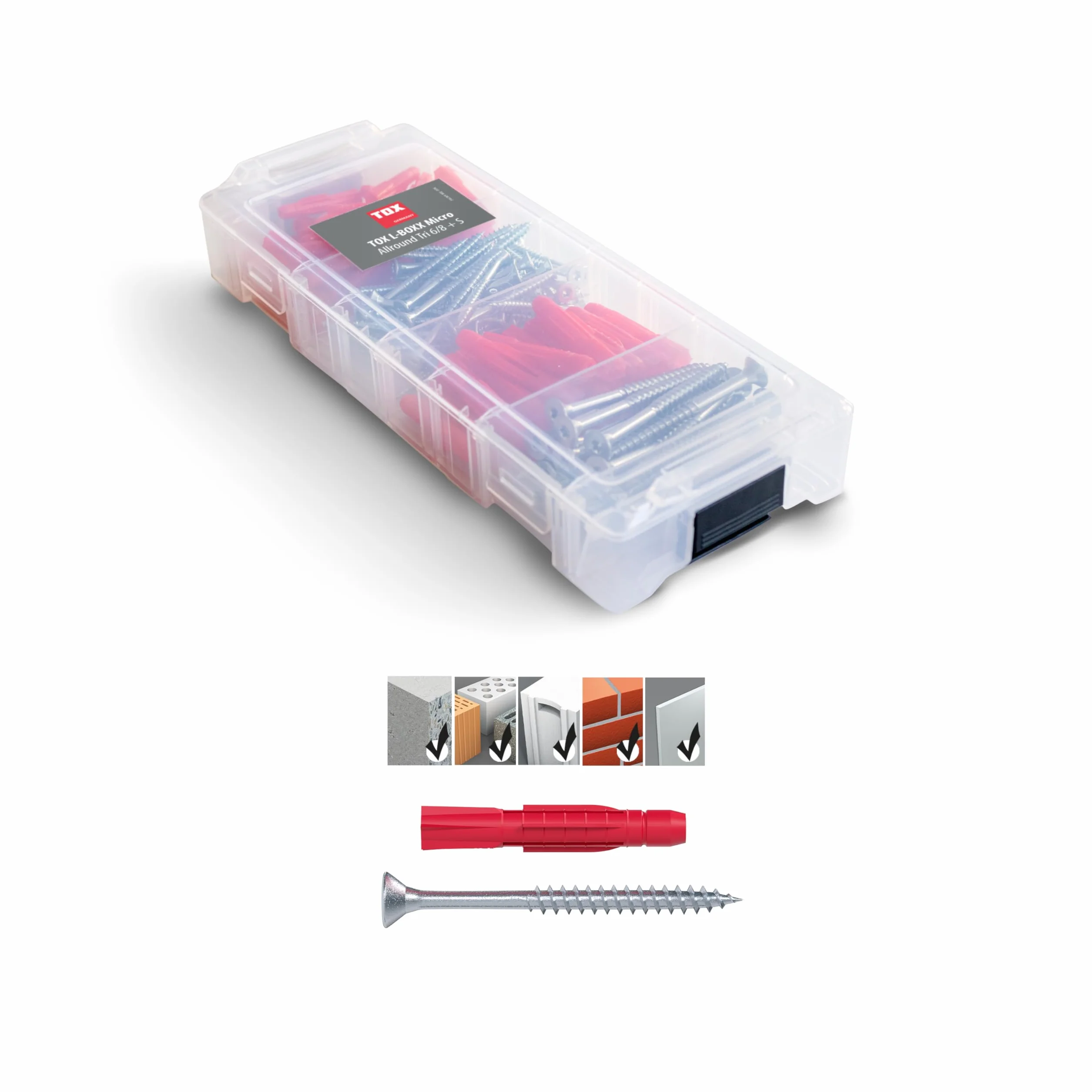 TOX L-BOXX Micro Allround 6/8 + S w pudełku do sortowania, z uniwersalnymi kołkami rozporowymi TRI 6/36 i 8/51 + pasujące śruby, zestaw kołków do prawie wszystkich materiałów budowlanych,