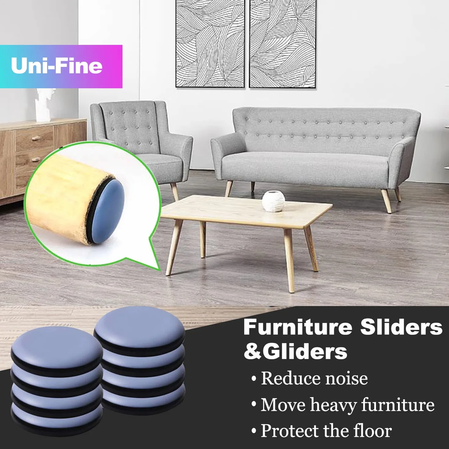Uni-Fine 50 mm teflonowe ślizgacze meblowe, 8 sztuk, ślizgacze meblowe, PTFE do mebli teflonowych, samoprzylepne, na krzesło, sofę, do biura i stołu, okrągłe