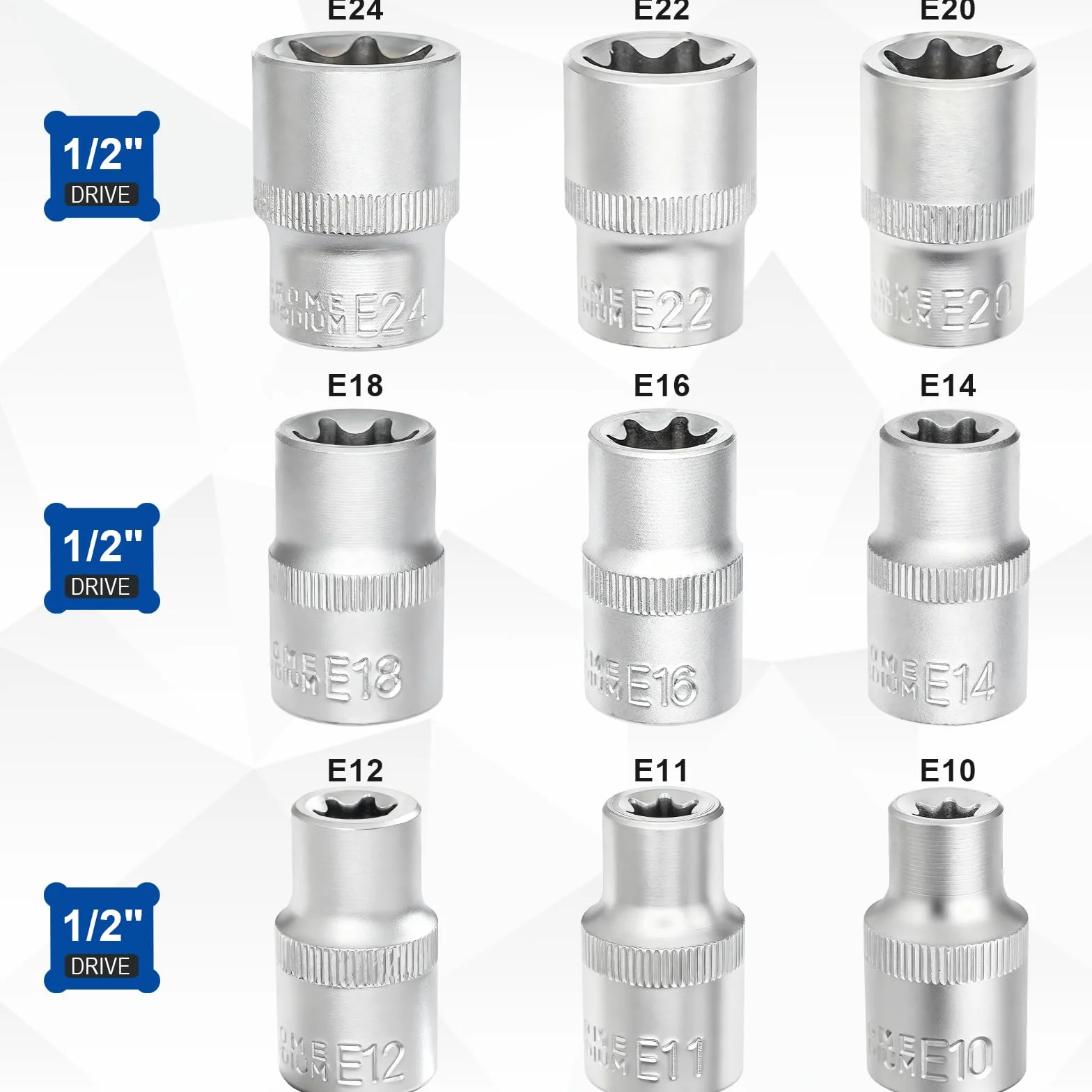 DAKCOS 9-częściowy zestaw kluczy nasadowych 1/2" E-Torx, profil E E10, E11, E12, E14, E16, E18, E20, E22, E24 z CR-V z matowym chromowanym wykończeniem