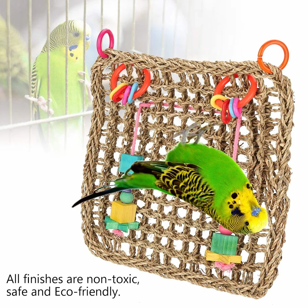 Seagrass Parrot Chew Toy | Hanging Net Mat for Bird Exercise & Entertainment | Secure Bird ToyCage Accessory | 12.6x12.6 Inches with 2 Hooks