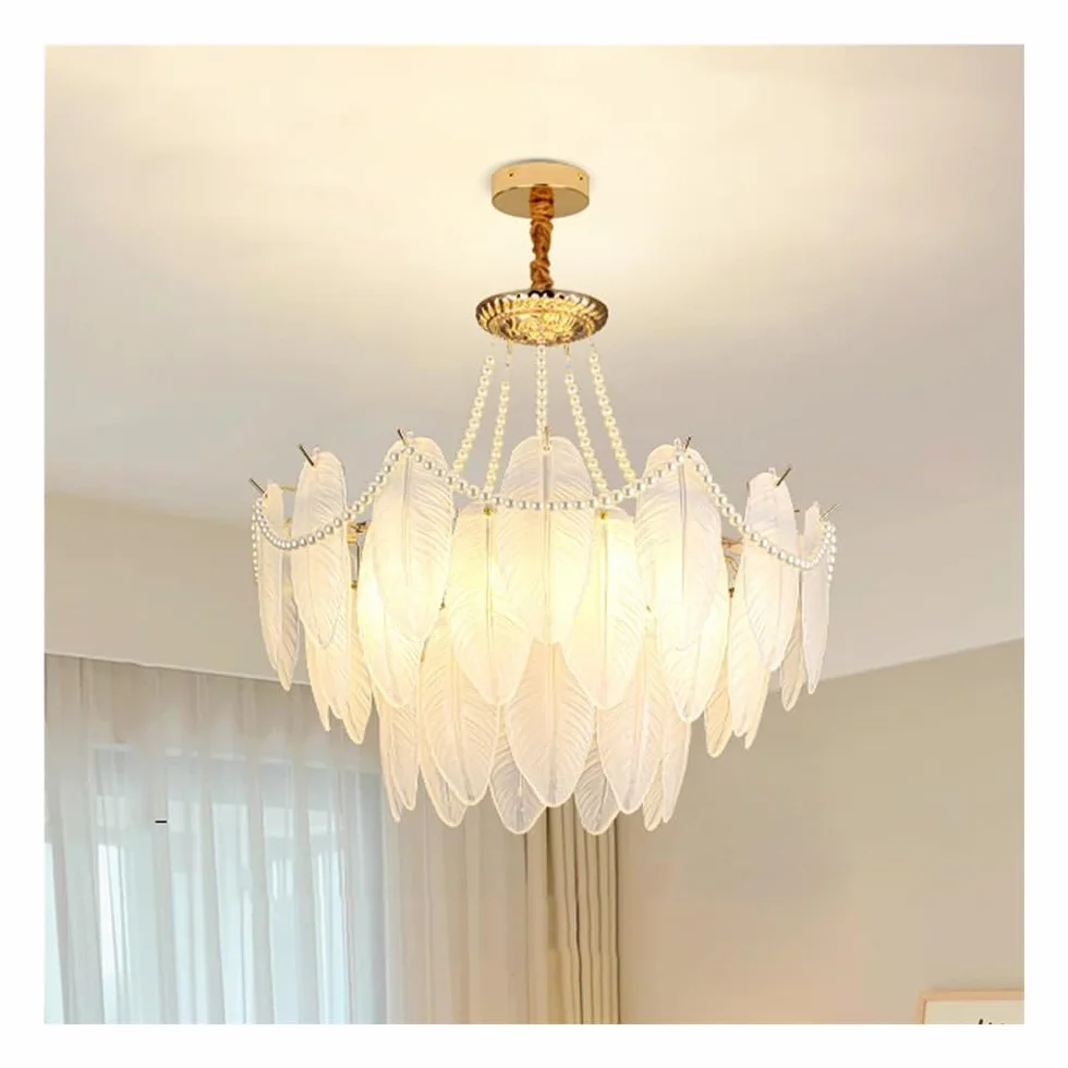 Lampa wisząca, okrągły klosz z perłowym koralikiem - lampa wisząca Fandelier - białe szkło liściaste antyczne żyrandole 3-poziomowa lampa wisząca w stylu Mid Century Modern pasująca do salonu, sypialn