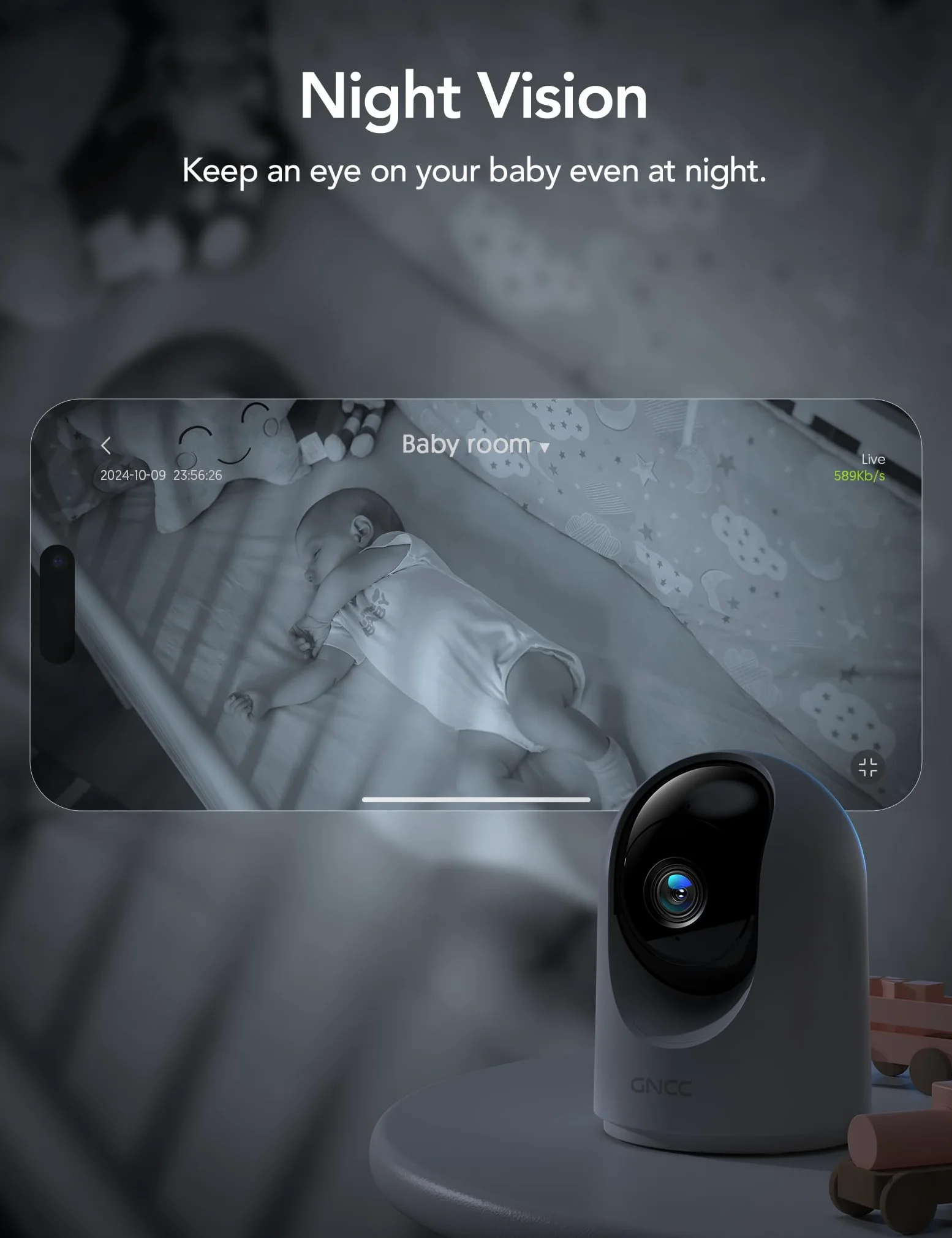 GNCC Wewnętrzna kamera bezpieczeństwa 2K/3MP, WiFi, kamera CCTV, ochrona domu, 360°, monitorowanie dla zwierząt domowych, z noktowizorem, wykrywanie ruchu, 2-drożna rozmowa, chmura/SD, działa tylko z
