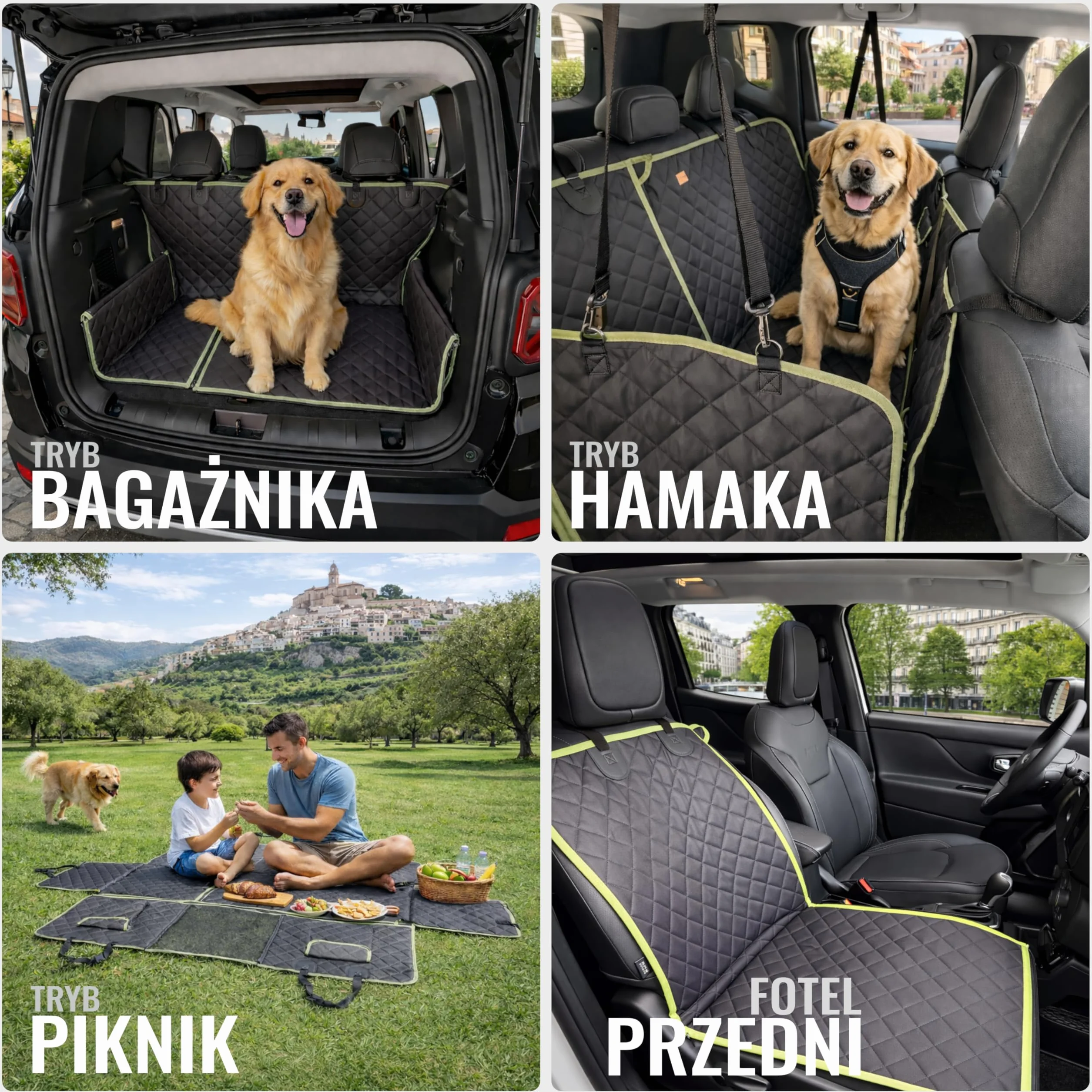 Mata dla Psa do Samochodu 6-w-1 – Pokrowiec na Siedzenia dla Psa z 9 Zamkami, Wodoodporny Oxford 600D, Okno z Siatki, Ochrona Drzwi i Boczna, Mata Samochodowa dla Psa, Czarny