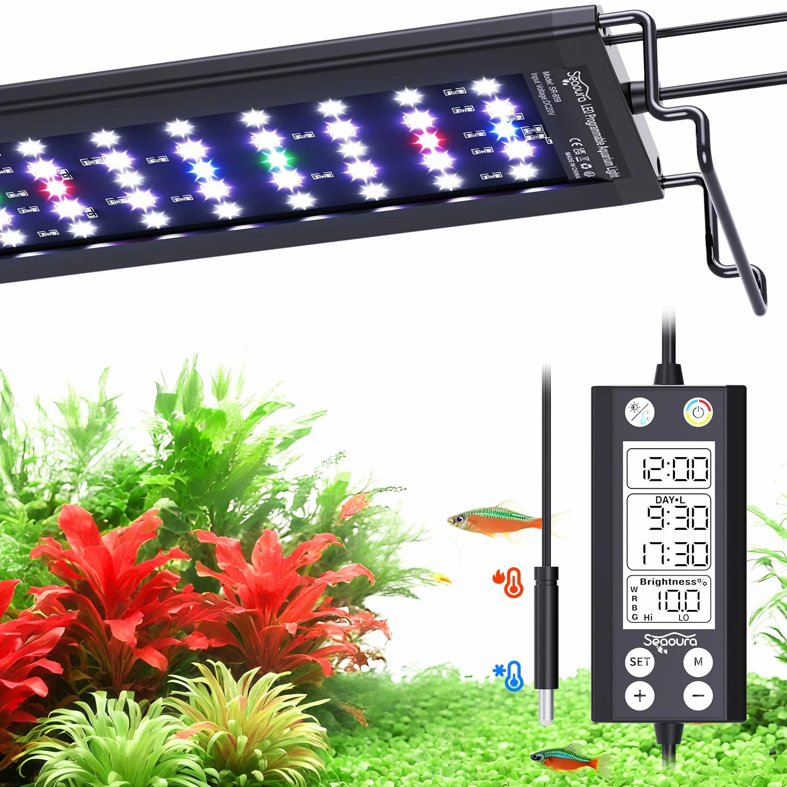 SEAOURA Aquarium Plant Light with Temperature Detector, 18-24in Full Spectrum Fish Tank Lights, 24/7 Programmable with Power off Memory, WRGB Custom, 20 Level Dimmable for Freshwater Aquariums