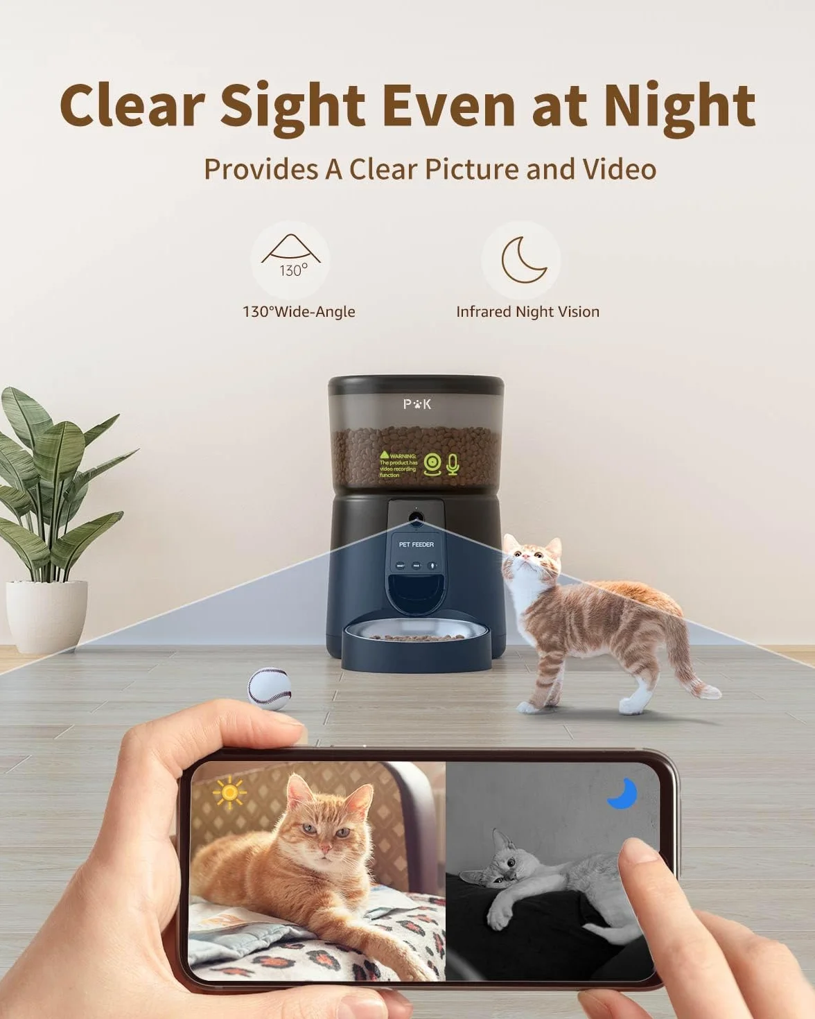 PUPPY KITTY Automatyczny dozownik karmy dla kota z kamerą 1080P, 2,4 G WiFi z aplikacją audio, noktowizor Miska ze stali nierdzewnej, 1–8 posiłków dziennie