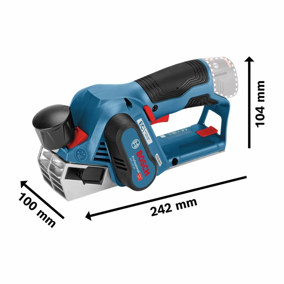 Bosch Professional system 12V: akumulatorowy strug GHO 12V-20 (maks. szerokość strugania: 56 mm, 2 akumulatory GBA 12V 3.0Ah + ładowarka, 2 noże, walizka L-BOXX)